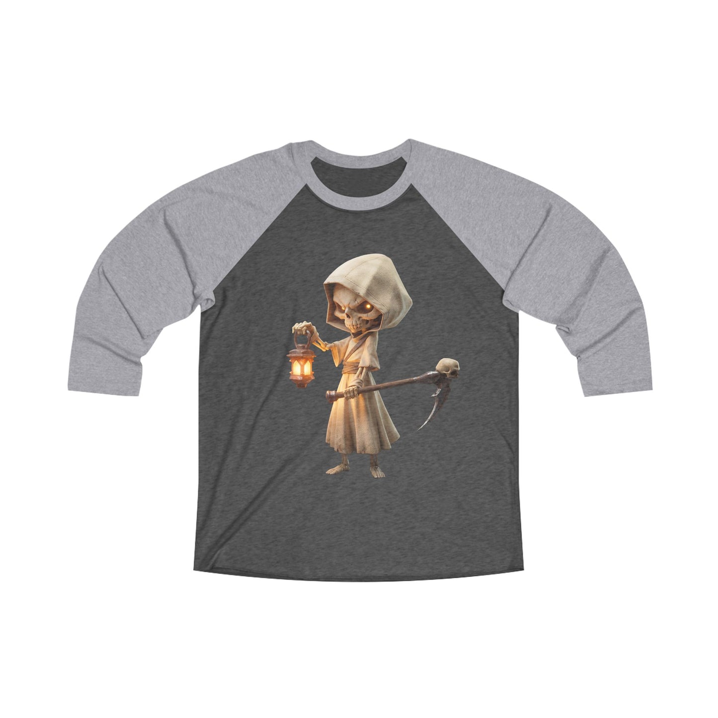 Hooded Lantern Skeleton Raglan Tee – Glowing Skull Guardian Artprint