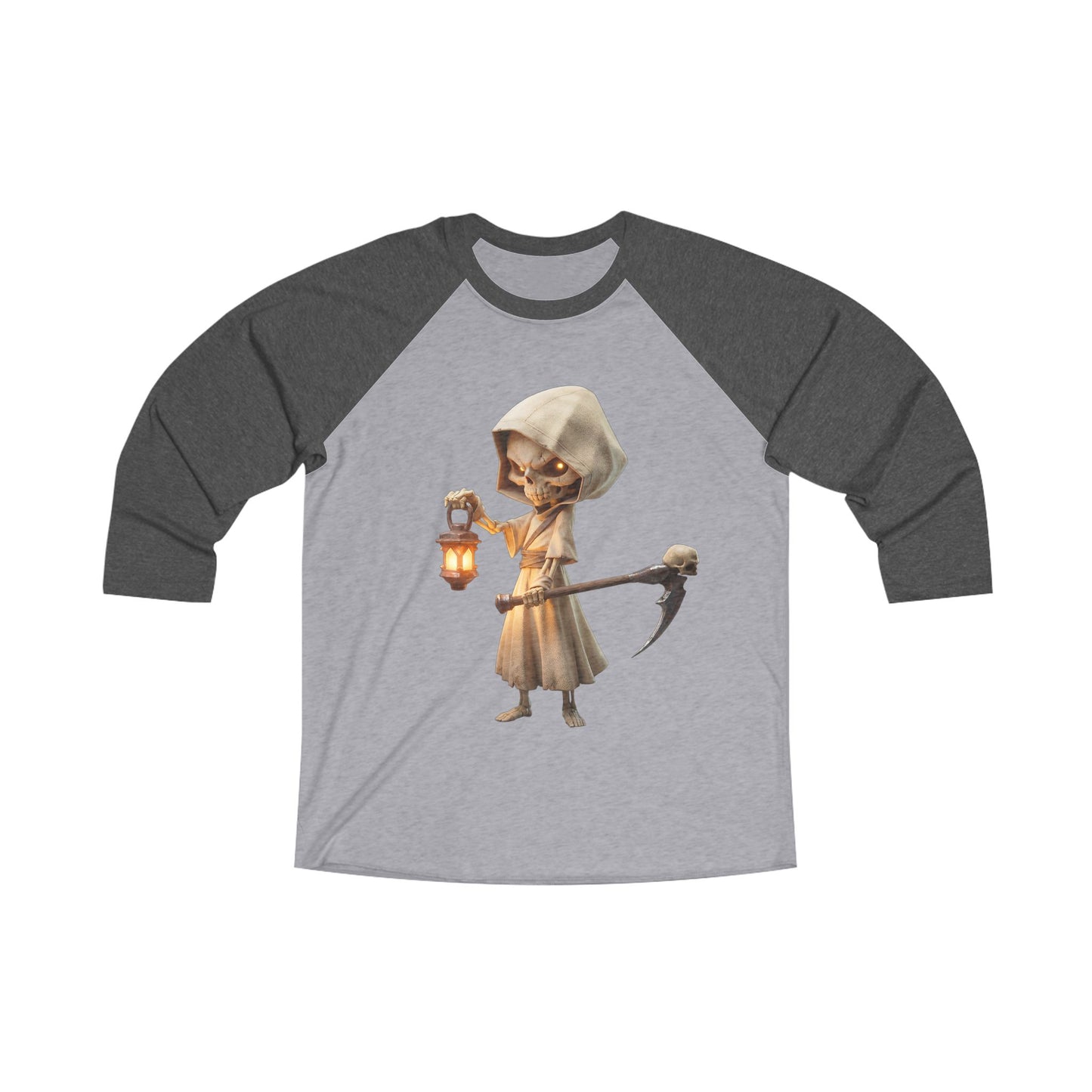 Hooded Lantern Skeleton Raglan Tee – Glowing Skull Guardian Artprint