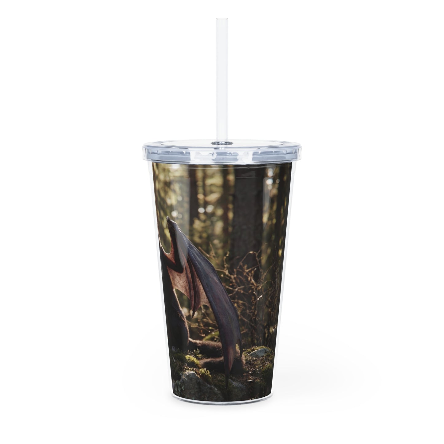 Dragon Wolf in Sunlit Woods Plastic Tumbler with Straw – Guardian of the Mossy Glade