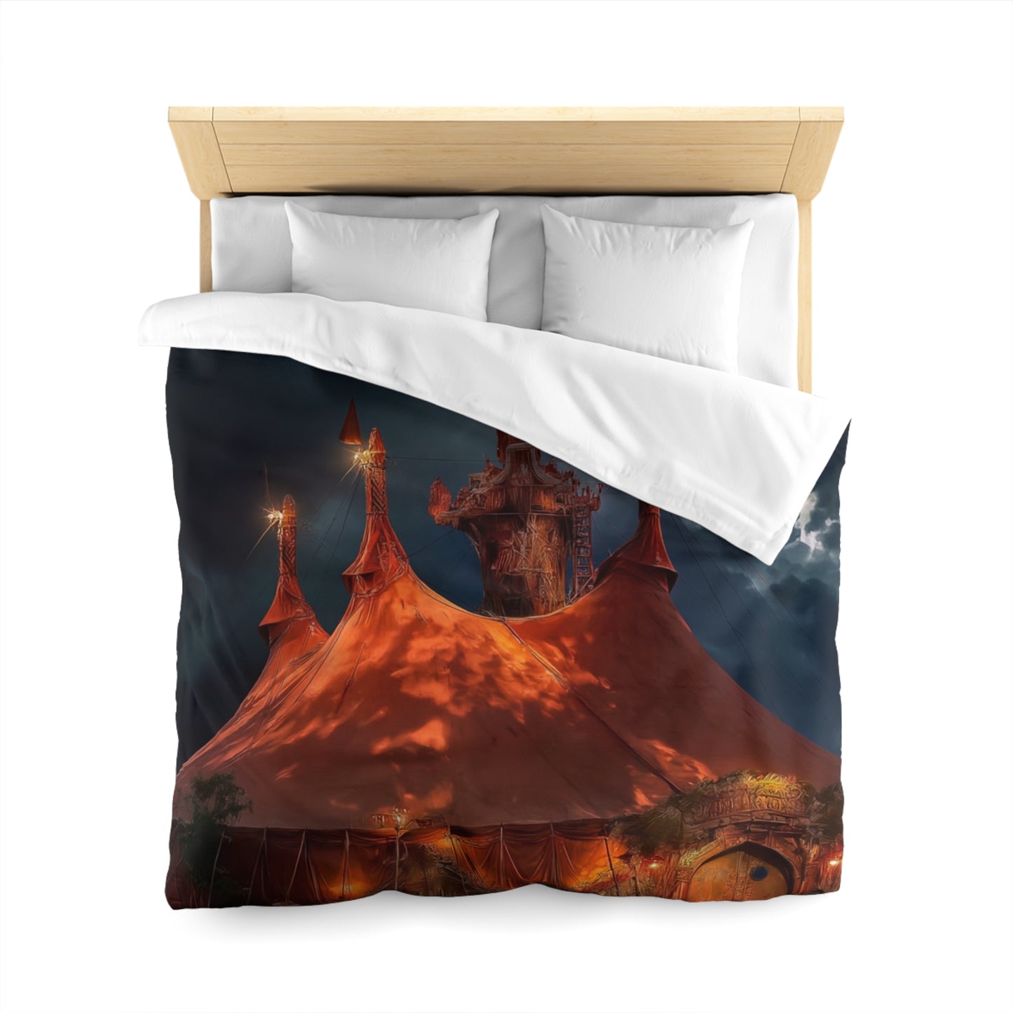 Crimson Carnival Tent Duvet Cover – City Lights Under Stormy Skies