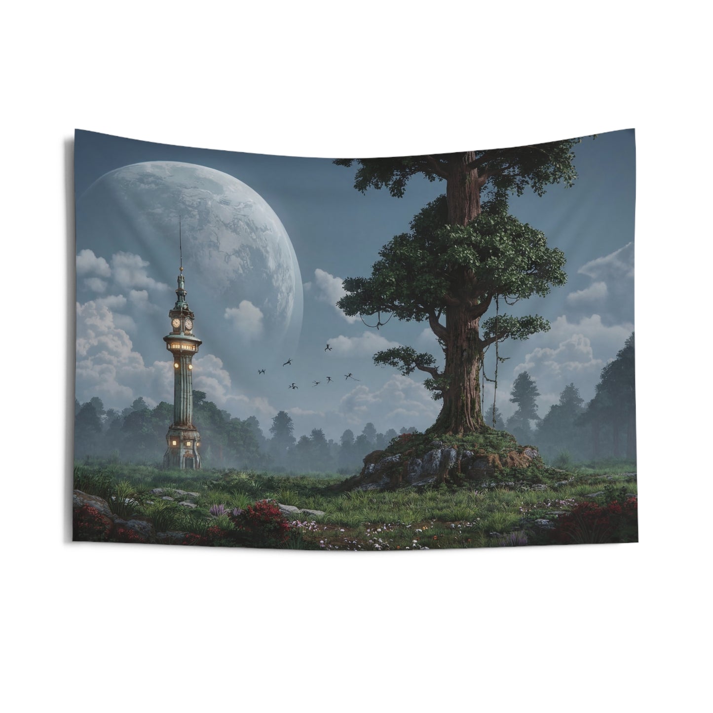Clock Tower Under Celestial Moon Indoor Wall Tapestries – Whispering Forest Hours