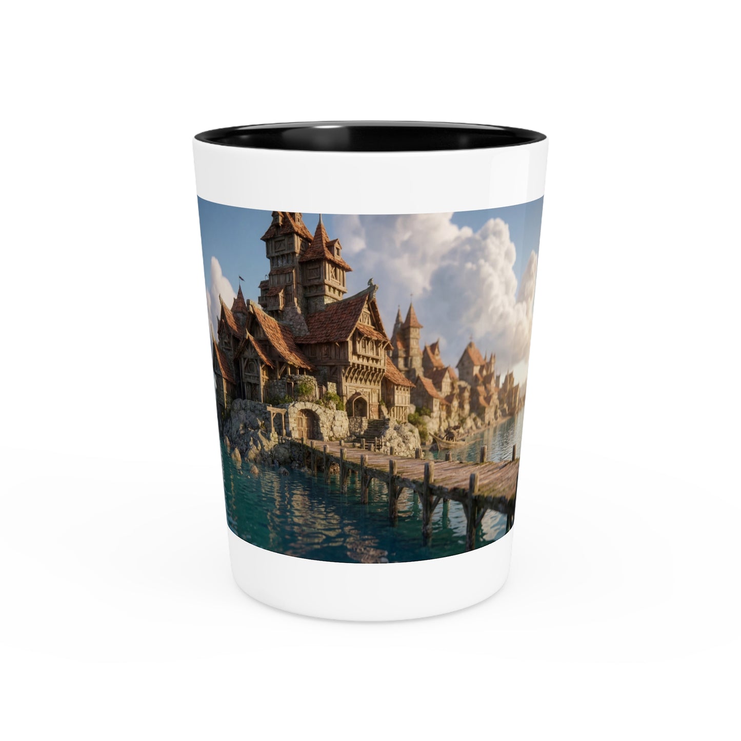 Coastal Viking Village Shot Glass – Sunset Harbor Dreamscape