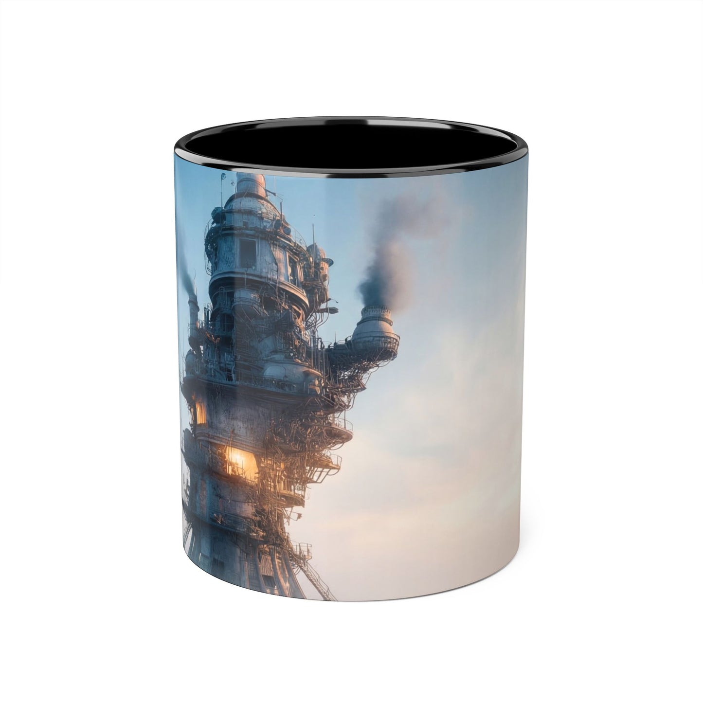 Rusty Tower Accent Mugs, 11oz – Steam-Rising Industrial Lighthouse