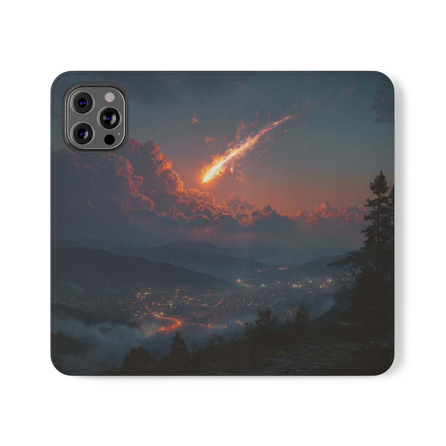 Meteor Over Valley Flip Cases – Crimson Sky Sentinel Cover