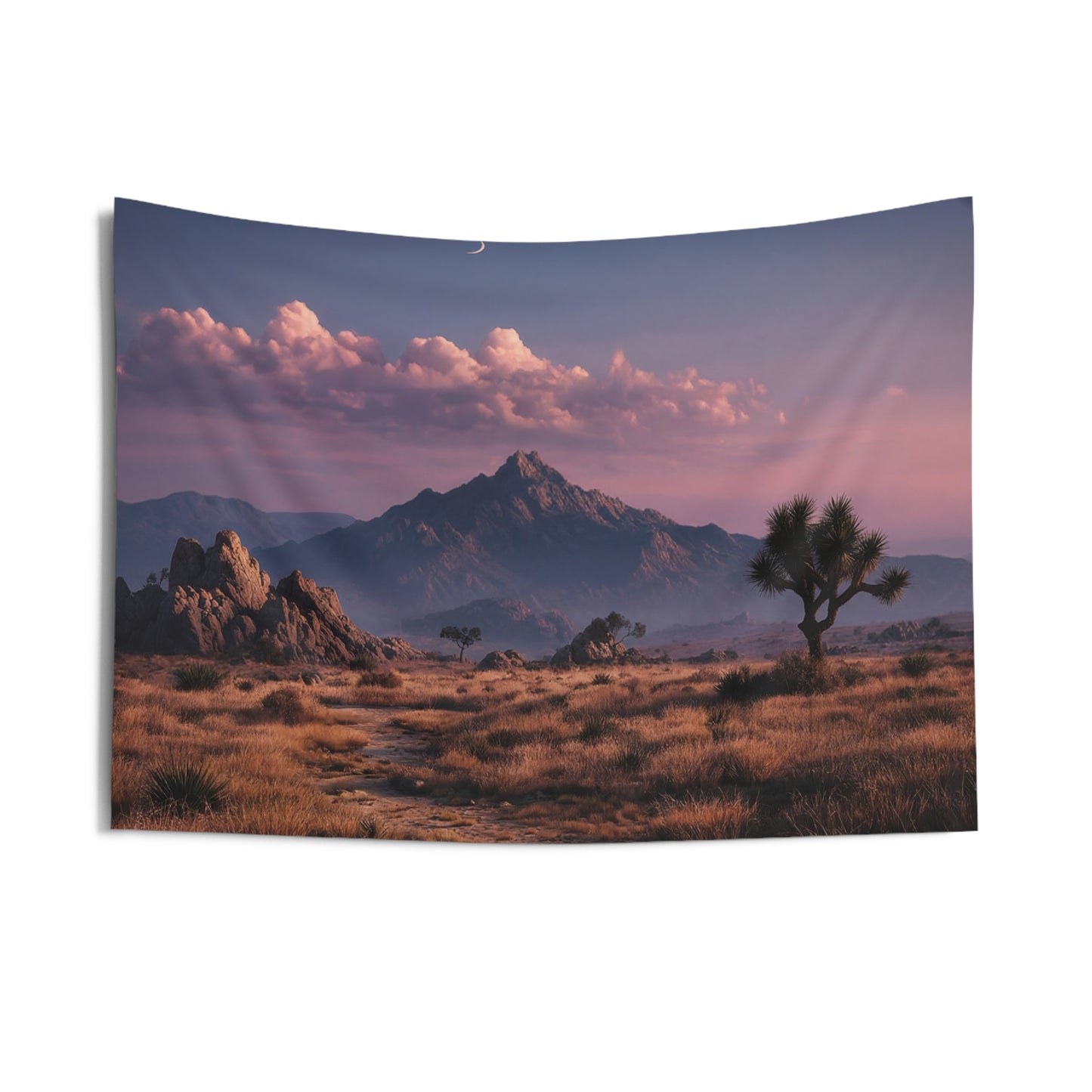 Desert Moonrise Wall Tapestry – Whispering Path Through Joshua Tree Canyon
