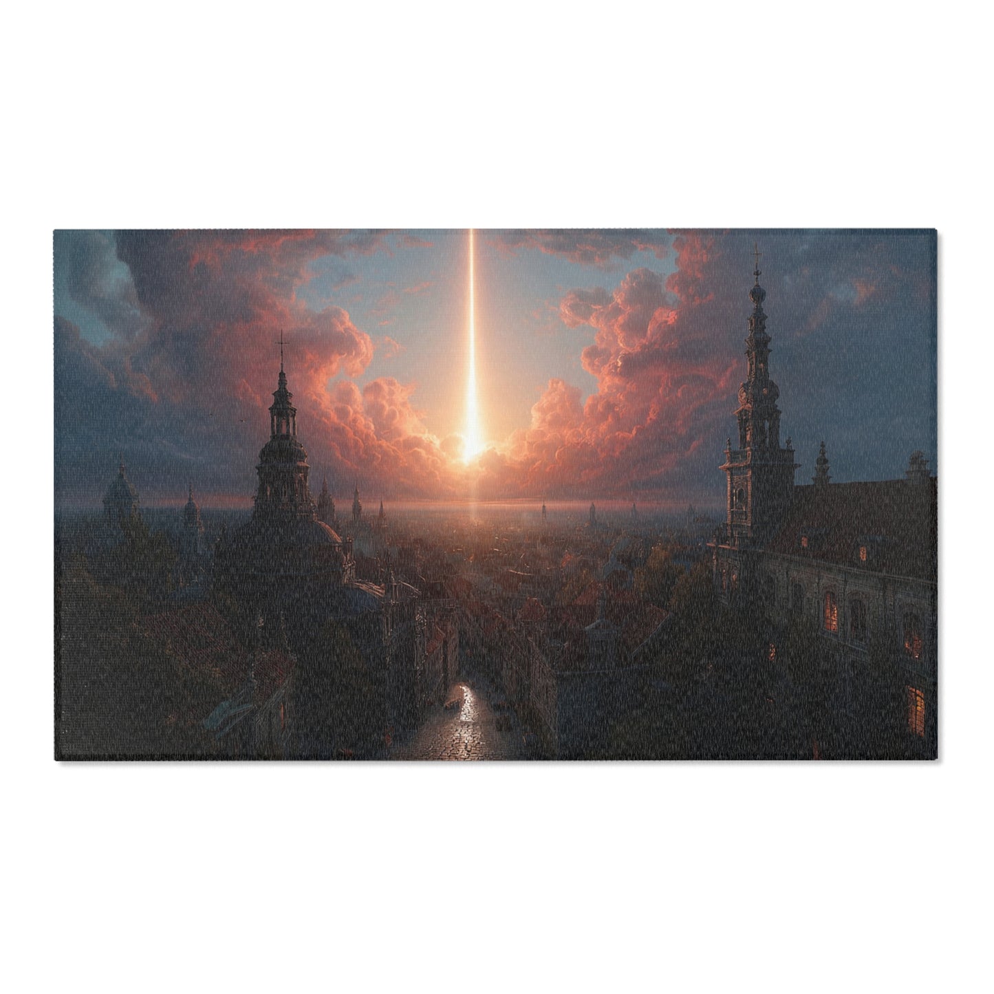 Celestial Beam Cityscape Rug – Dawn’s Sacred Light Over Stone Streets