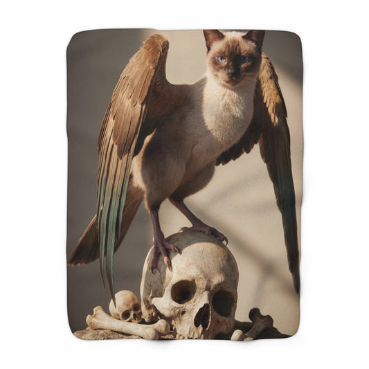 Winged Siamese Cat Guardian Sherpa Fleece Blanket – Skeletal Sentinel Warmth