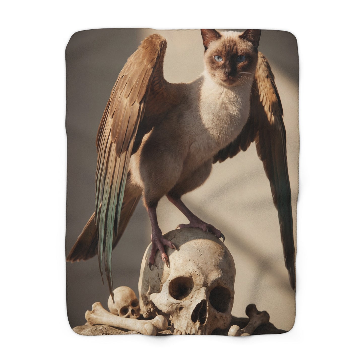 Winged Siamese Cat Sherpa Fleece Blanket – Sunlit Guardian of Bone and Sky
