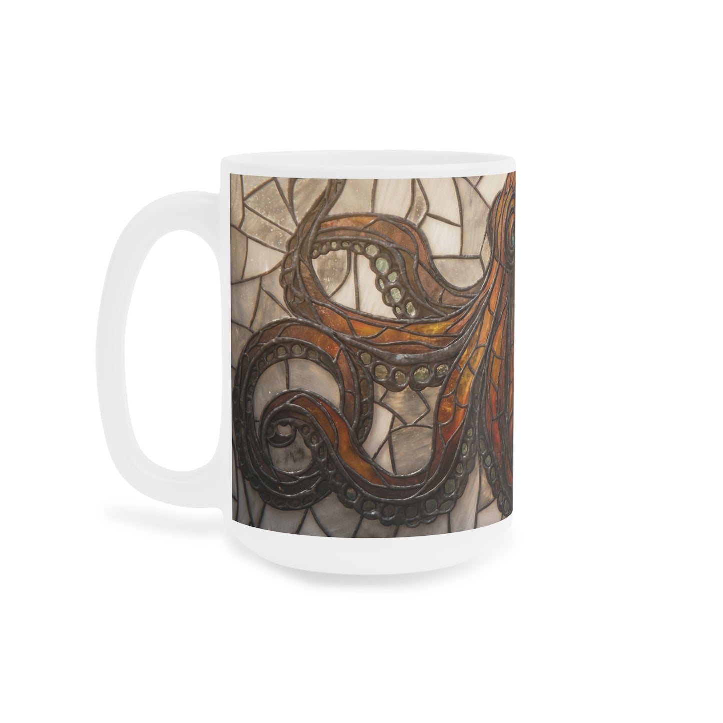 Art Nouveau Octopus Stained Glass Mug – Warm Amber Whirls on Deep Frame