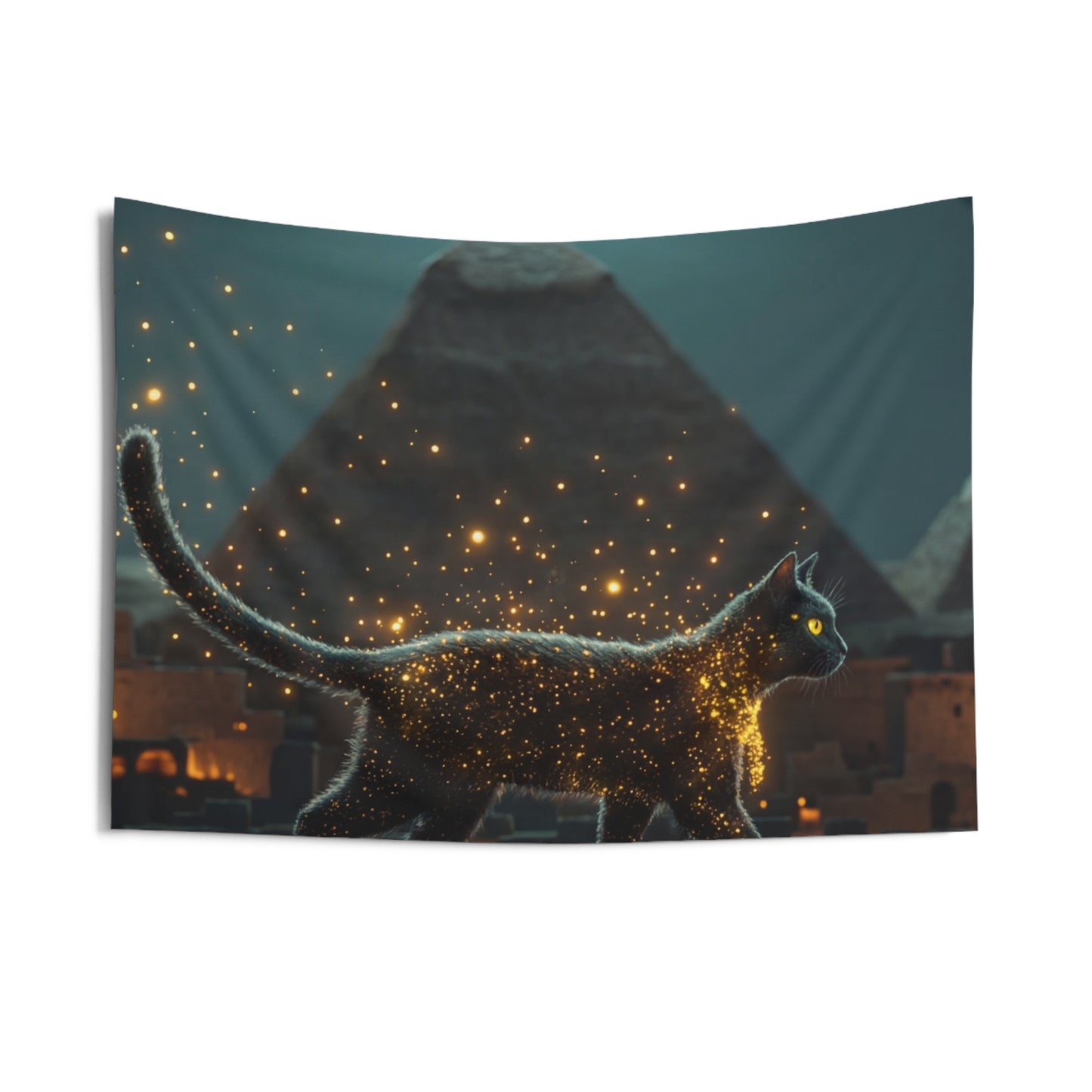 Starlit Cat by Pyramids Indoor Wall Tapestries – Midnight Magic in the Nile