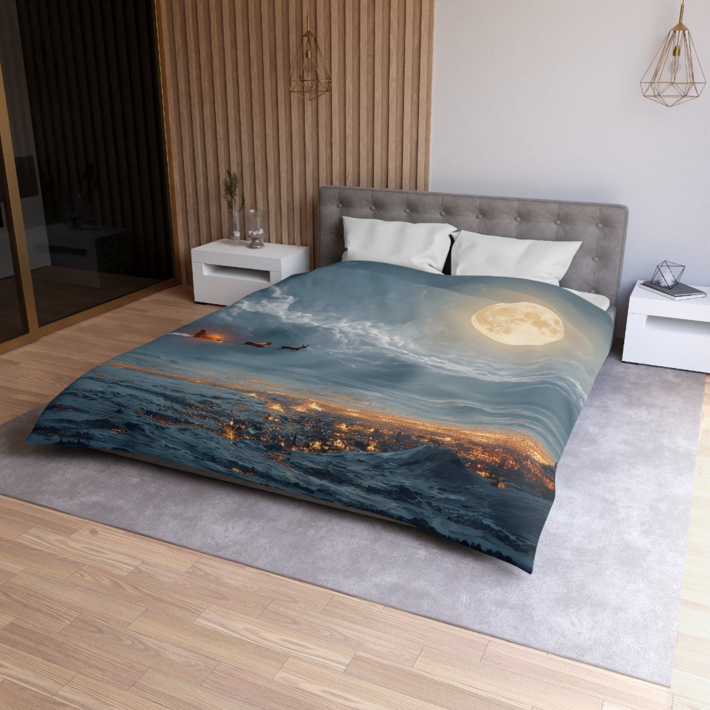 Lunar Sleigh Ride Microfiber Duvet Cover – Midnight Deliveries Over Frost-Covered Towns
