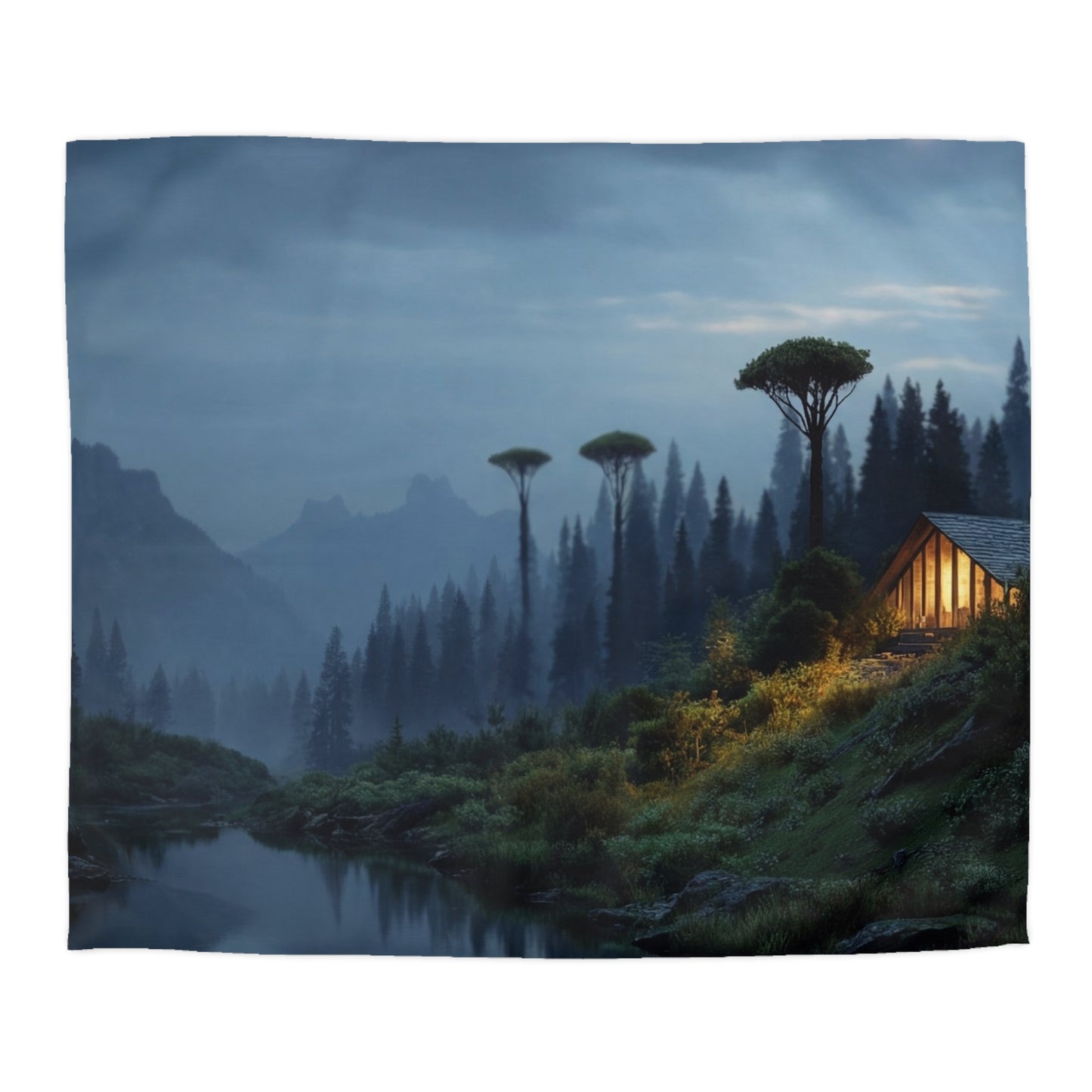 Moonlit Cabin Duvet Cover – Whispering Peaks & Silent Waters