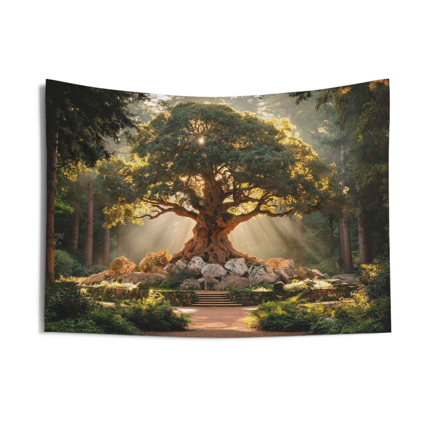 Sunlit Ancient Grove Tapestry – Golden Rayed Wisdom Tree