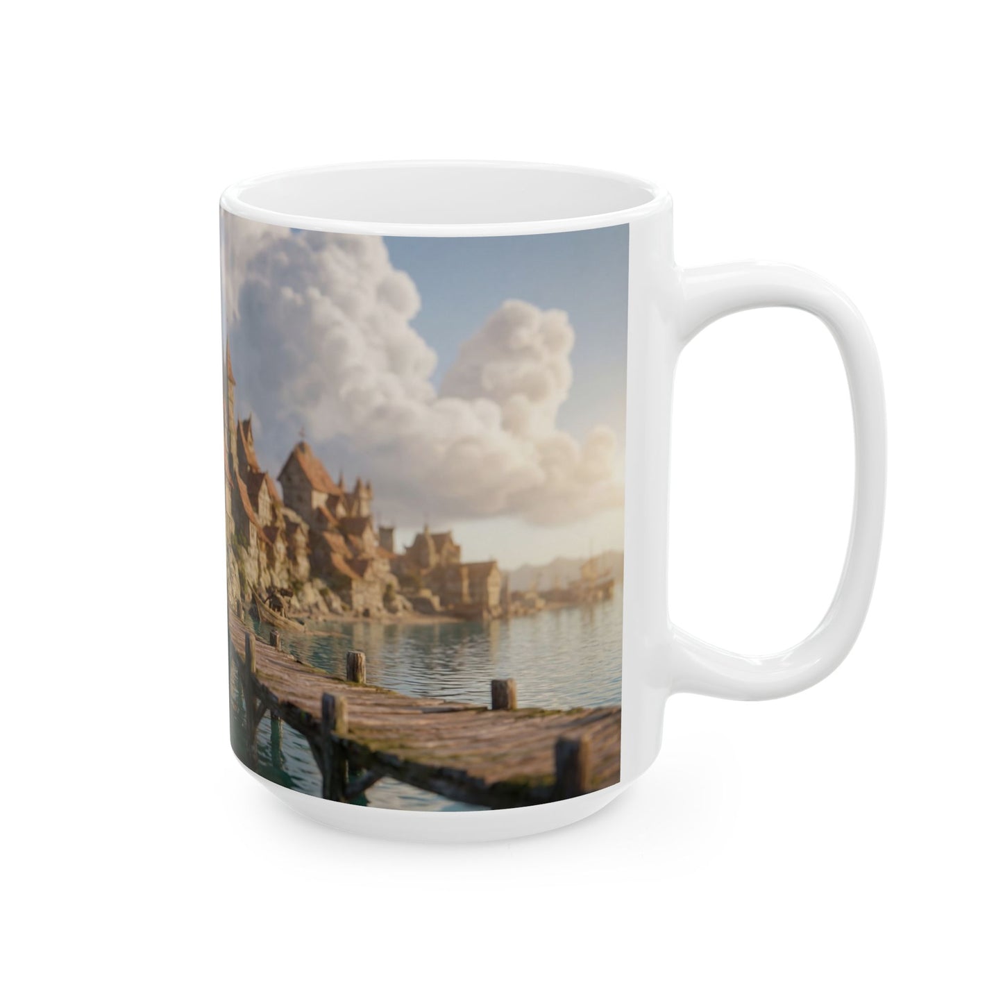 Coastal Viking Village Ceramic Mug – Sunset Harbor Whispers (11oz, 15oz)