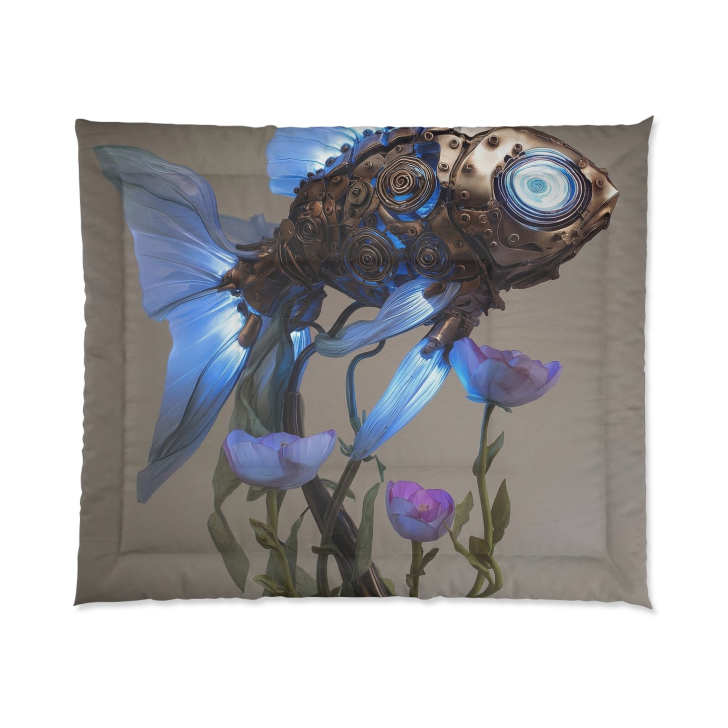 Steampunk Goldfish Comforter – Luminescent Mechanical Dreamscape