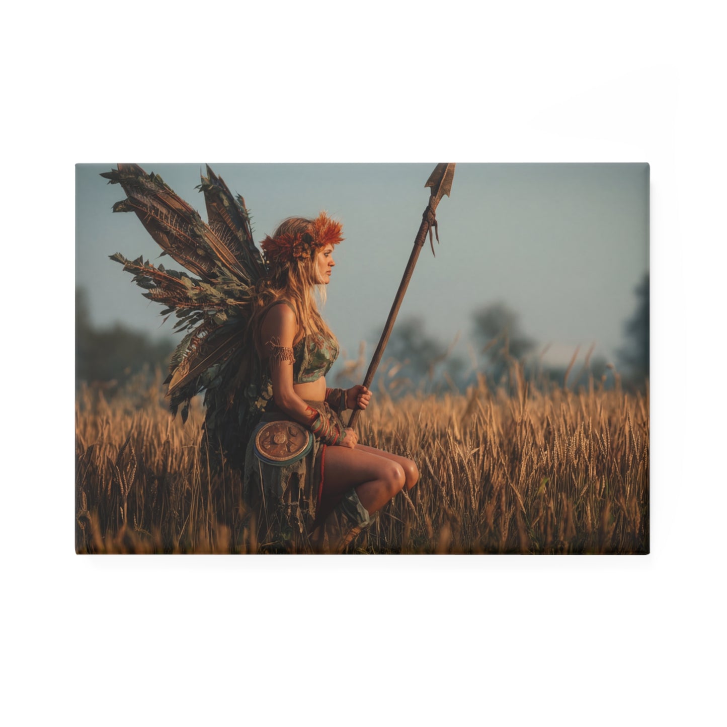 Warrior Fairy in Wheat Field Button Magnet, Rectangle (1 & 10 pcs) – Sunset Sentinel of the Golden Harvest
