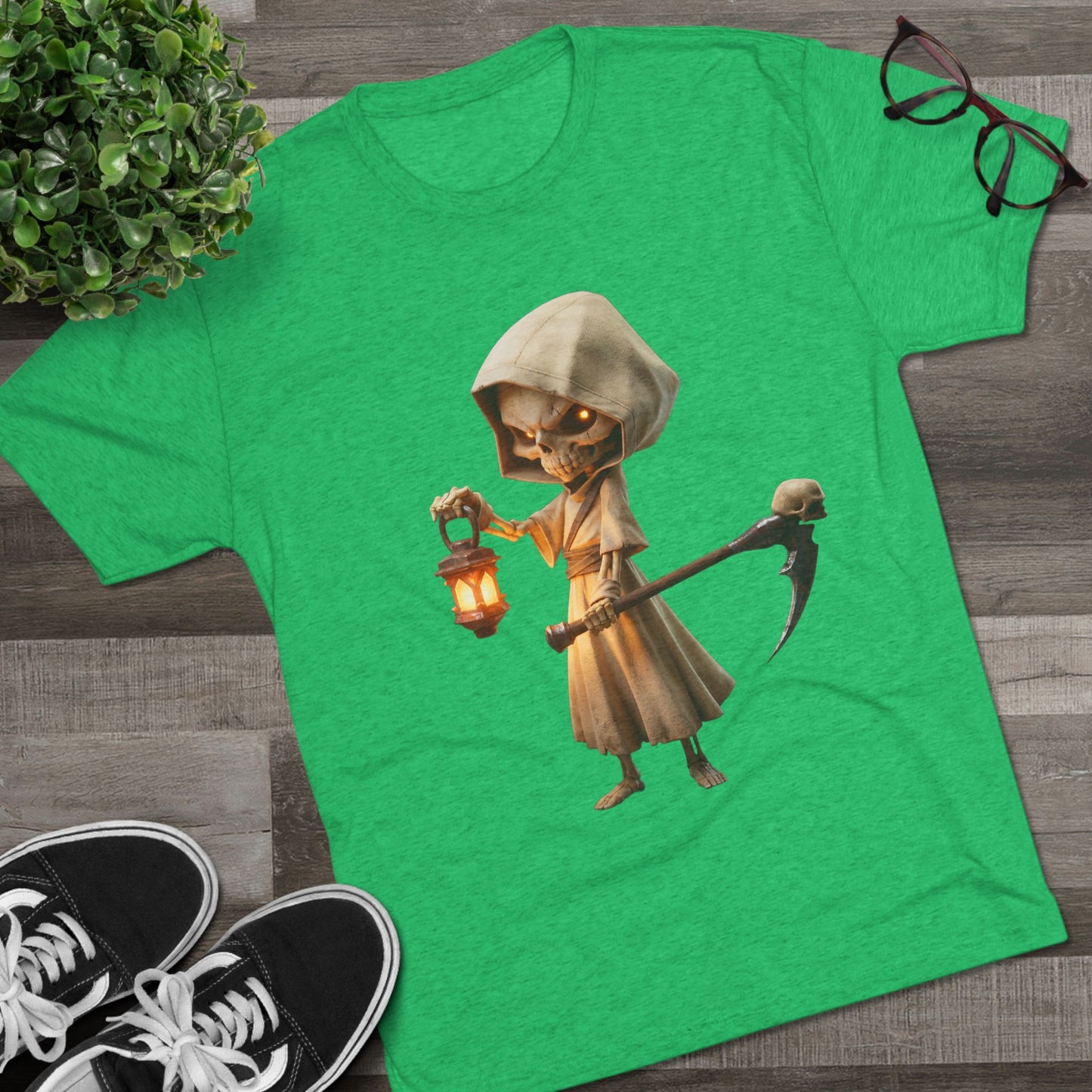Lantern-Bearing Skeleton Hoodie Tee – Soft Tri-Blend Crewneck with Scythe and Glowing Eyes