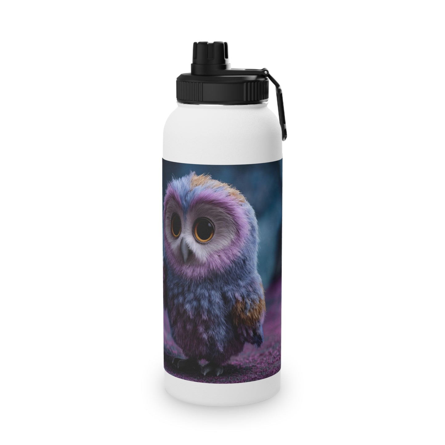 Velvet Owl with Heart Stainless Steel Water Bottle, Sports Lid – Midnight Whimsy Companion
