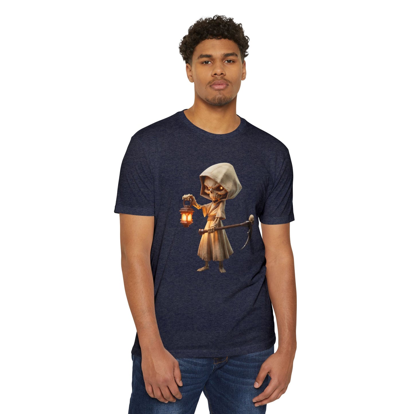 Lantern-Bearing Grim Reaper T-shirt – Hooded Sentinel with Scythe