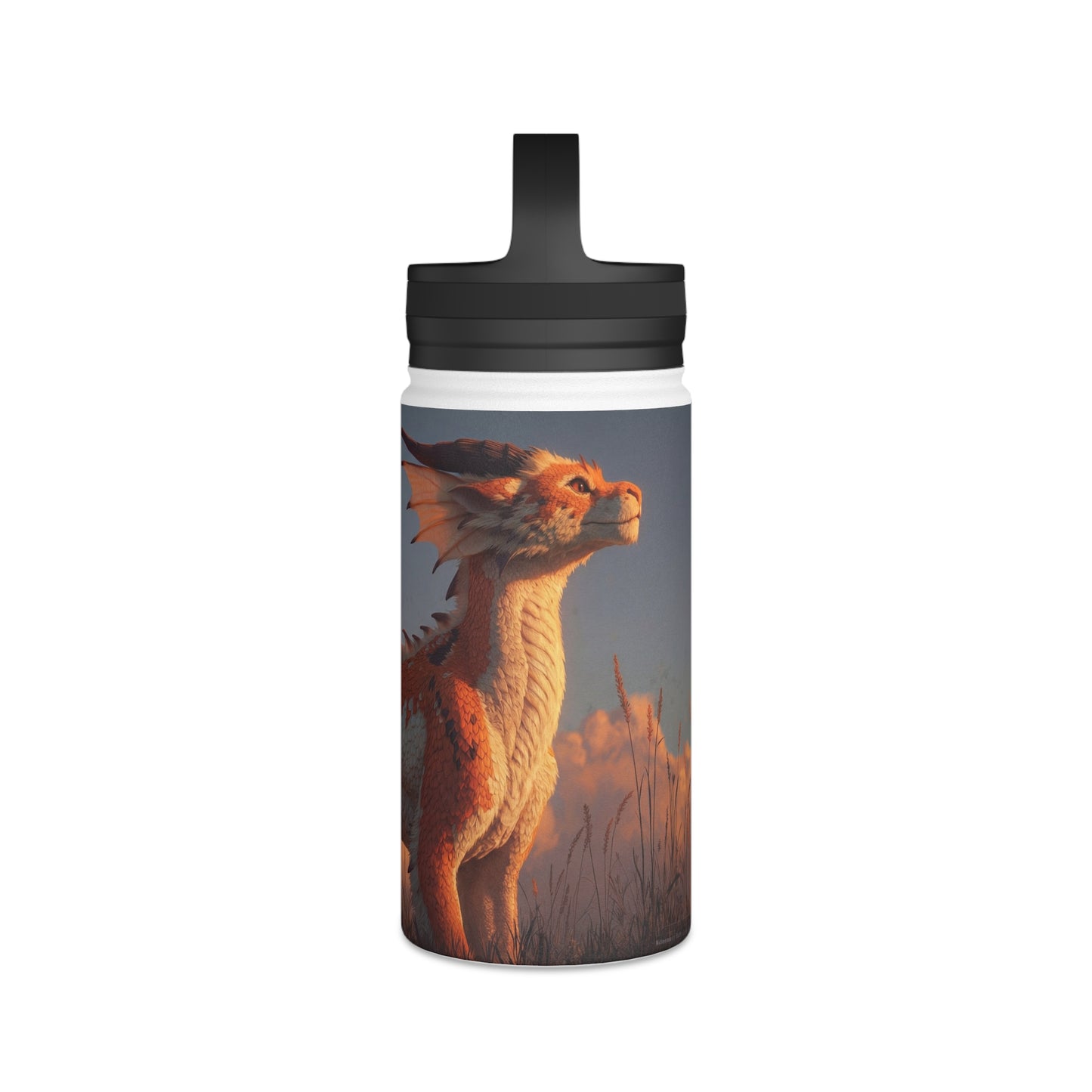 Sunset Guardian Dragon Stainless Steel Water Bottle, Handle Lid – Amber Sky Companion