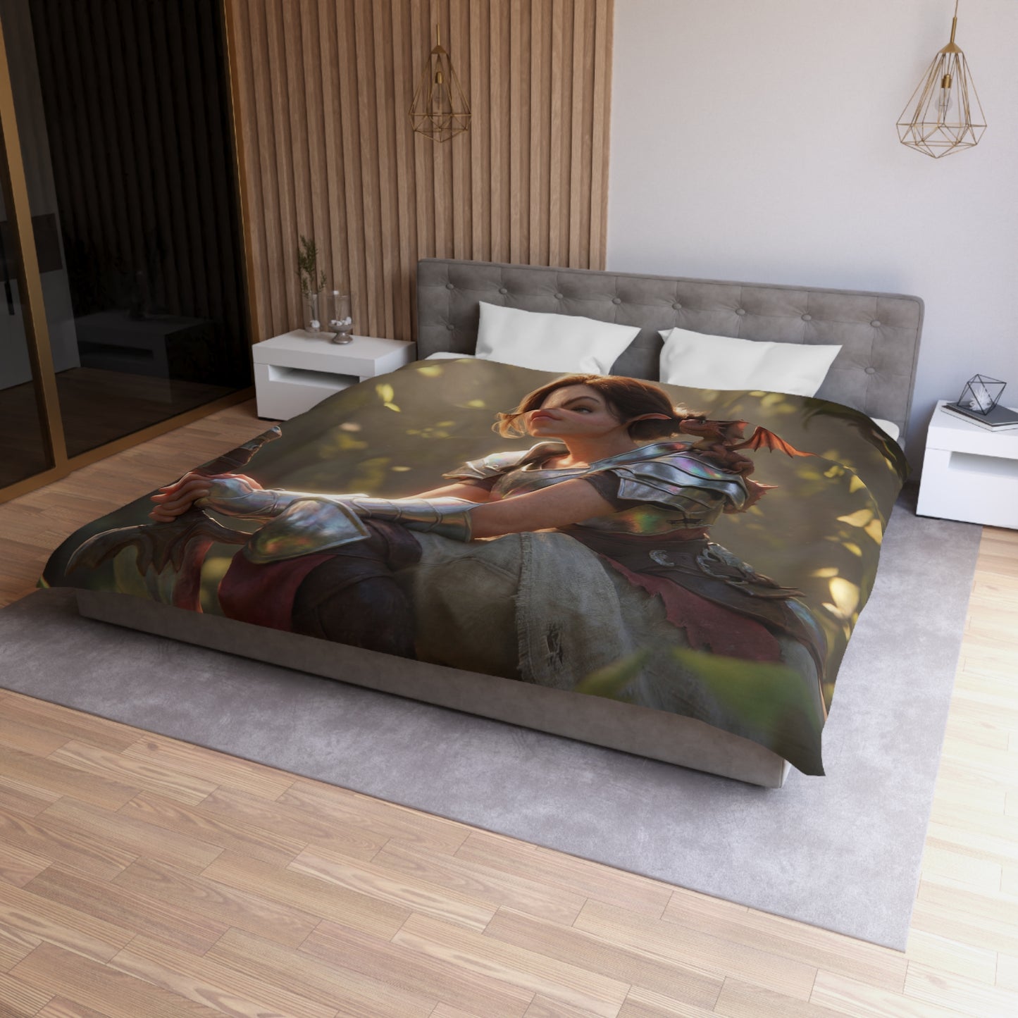 Elven Knight with Dragon Microfiber Duvet Cover – Iridescent Guardian Resting