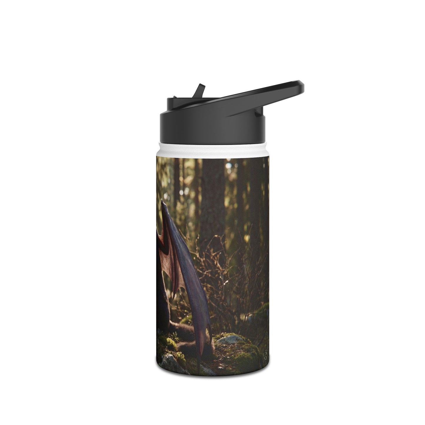 Winged Wolf in Sunlit Grove Stainless Steel Water Bottle, Standard Lid – Guardian of the Mossy Pines