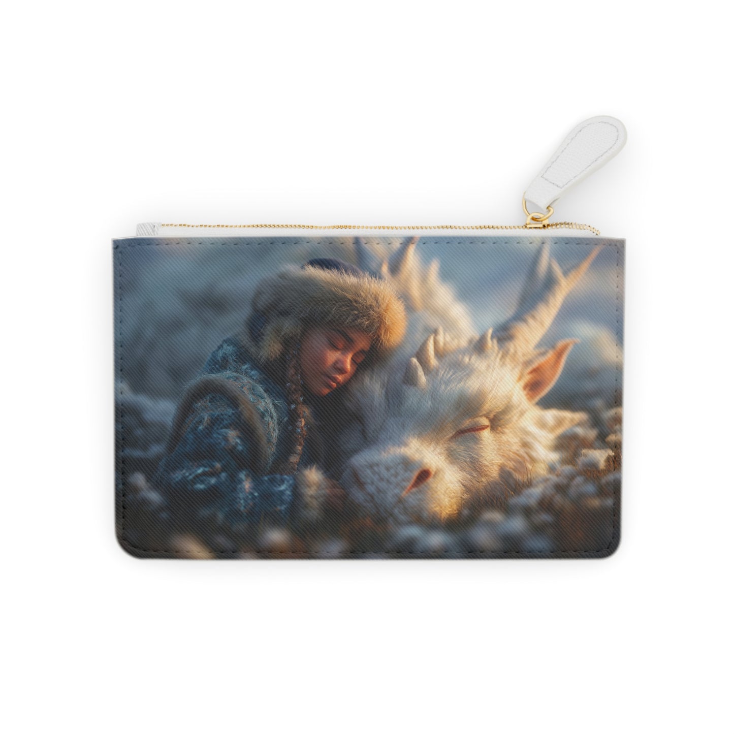 Winter’s Whisper Mini Clutch Bag – Girl and Snow Dragon Resting Together