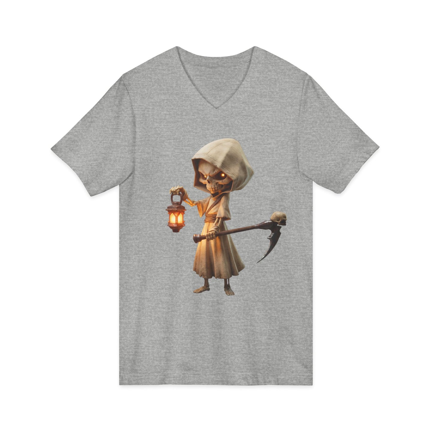 Lantern-Bearing Skeleton Hooded Tee – Rustic Reaper Guardian V-Neck Shirt