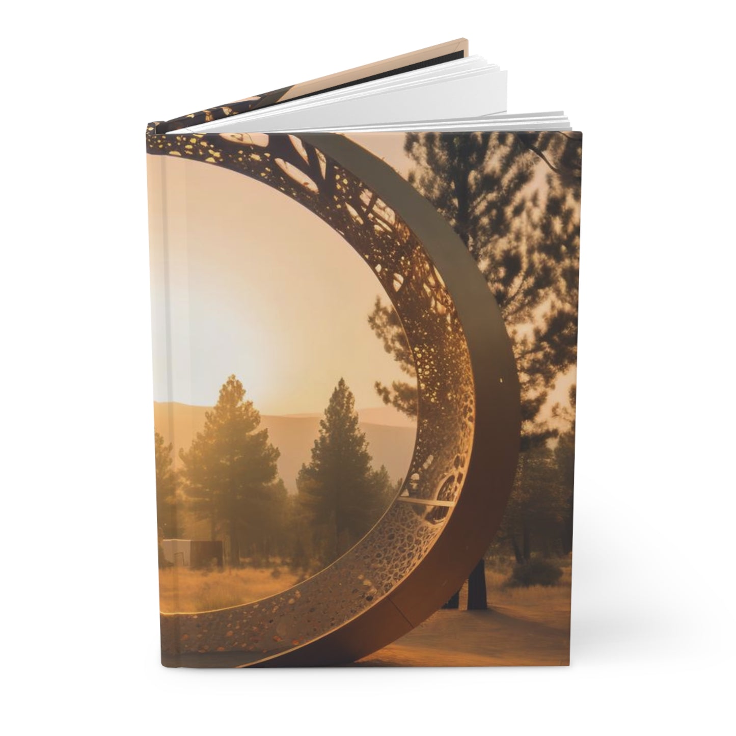 golden hour, rune-carved stargate made of glowing steel that forms a circle, leads to the burning man festival, forest in the background, cinematic view, epic sky - Hardcover Journal Matte