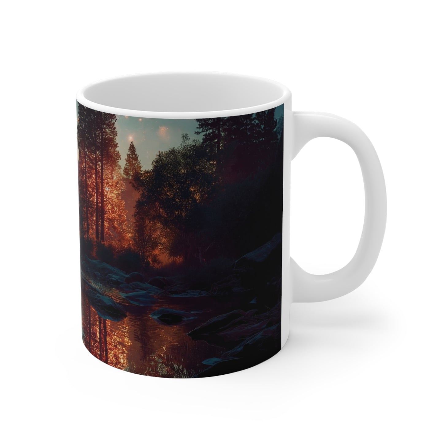 Starlit River Reflections Ceramic Mugs (11oz\15oz\20oz) – Half Dome’s Celestial Mirror