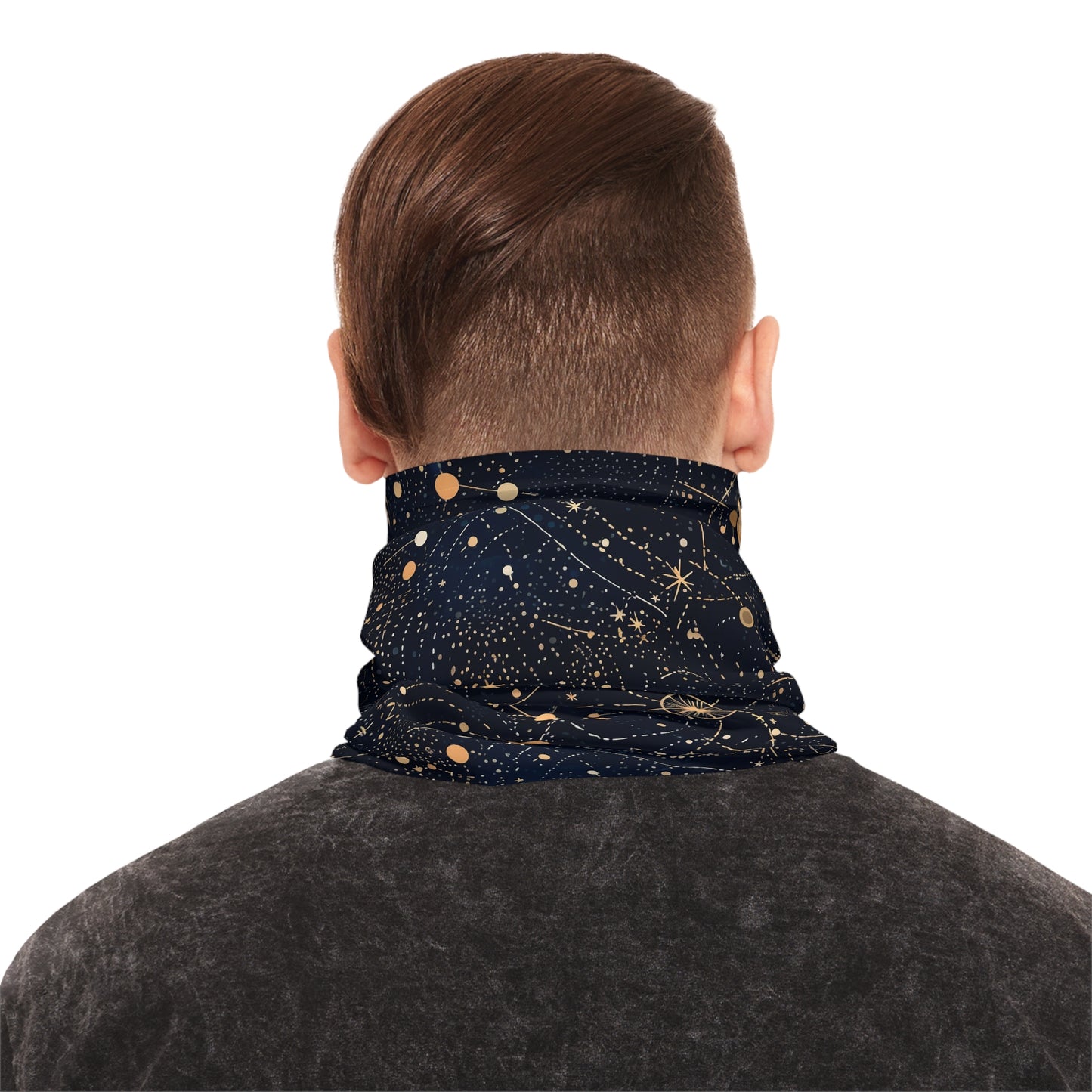 "A detailed star map pattern with constellations interconnected by delicate lines, using a color palette of deep indigo, midnight blue, and accents of silver and gold." - Lightweight Neck Gaiter