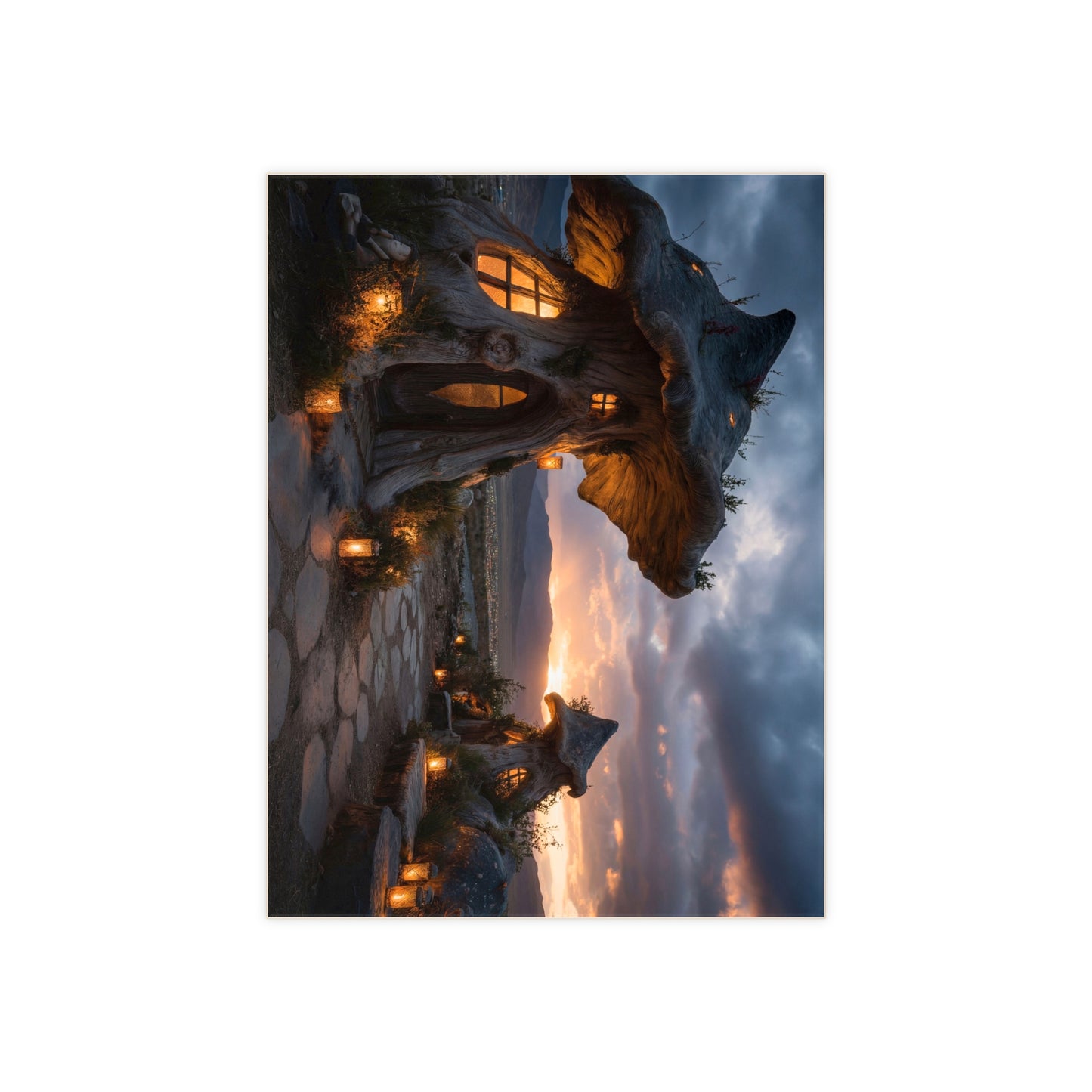 Mushroom Cottage Sunset Tile – Warm Light Over Mountain Hearth