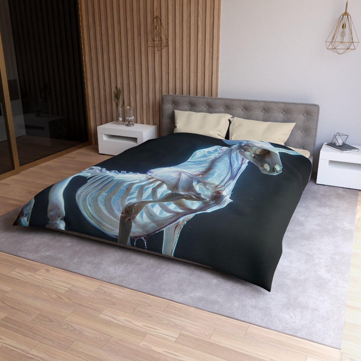 Celestial Unicorn Skeleton Duvet Cover – Ethereal Glow in the Dark