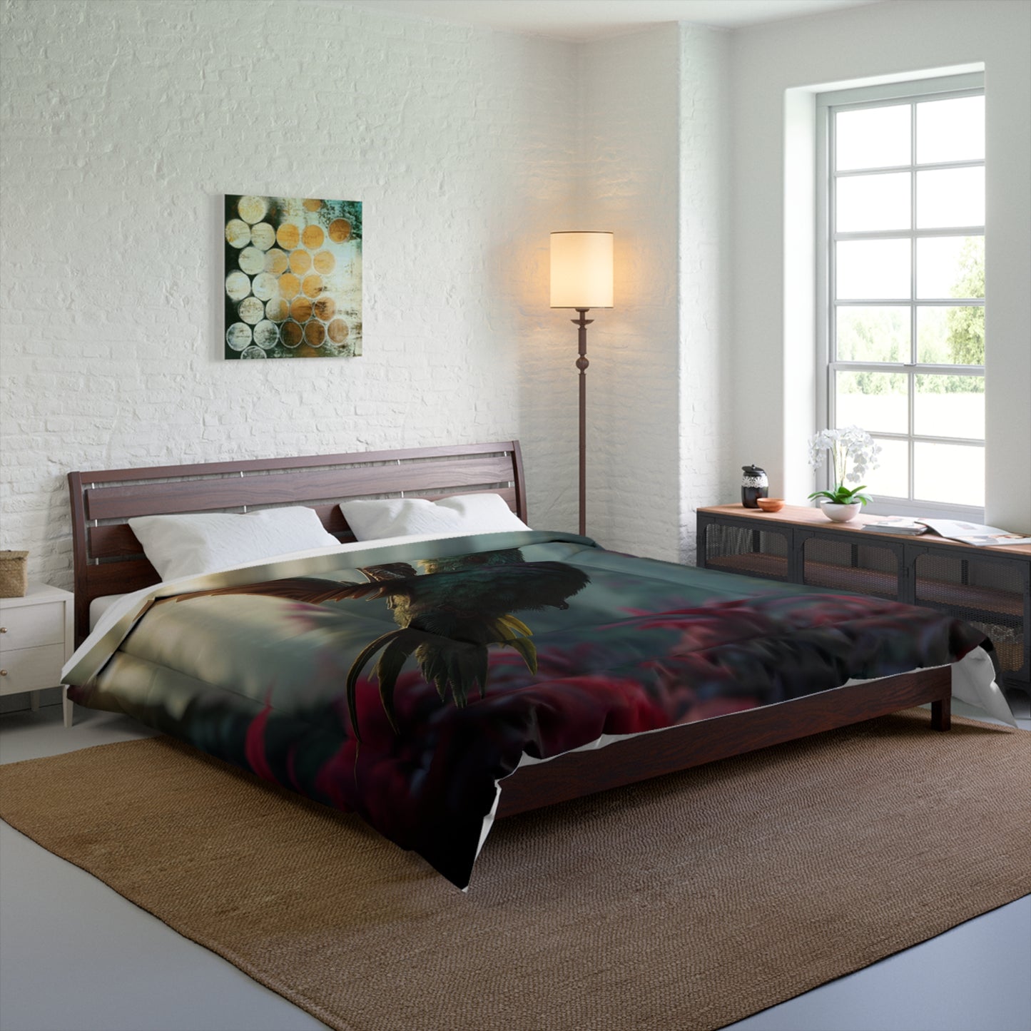 Hummingbird Sentinel Comforter – Emerald Wings Through Sunlit Canopy
