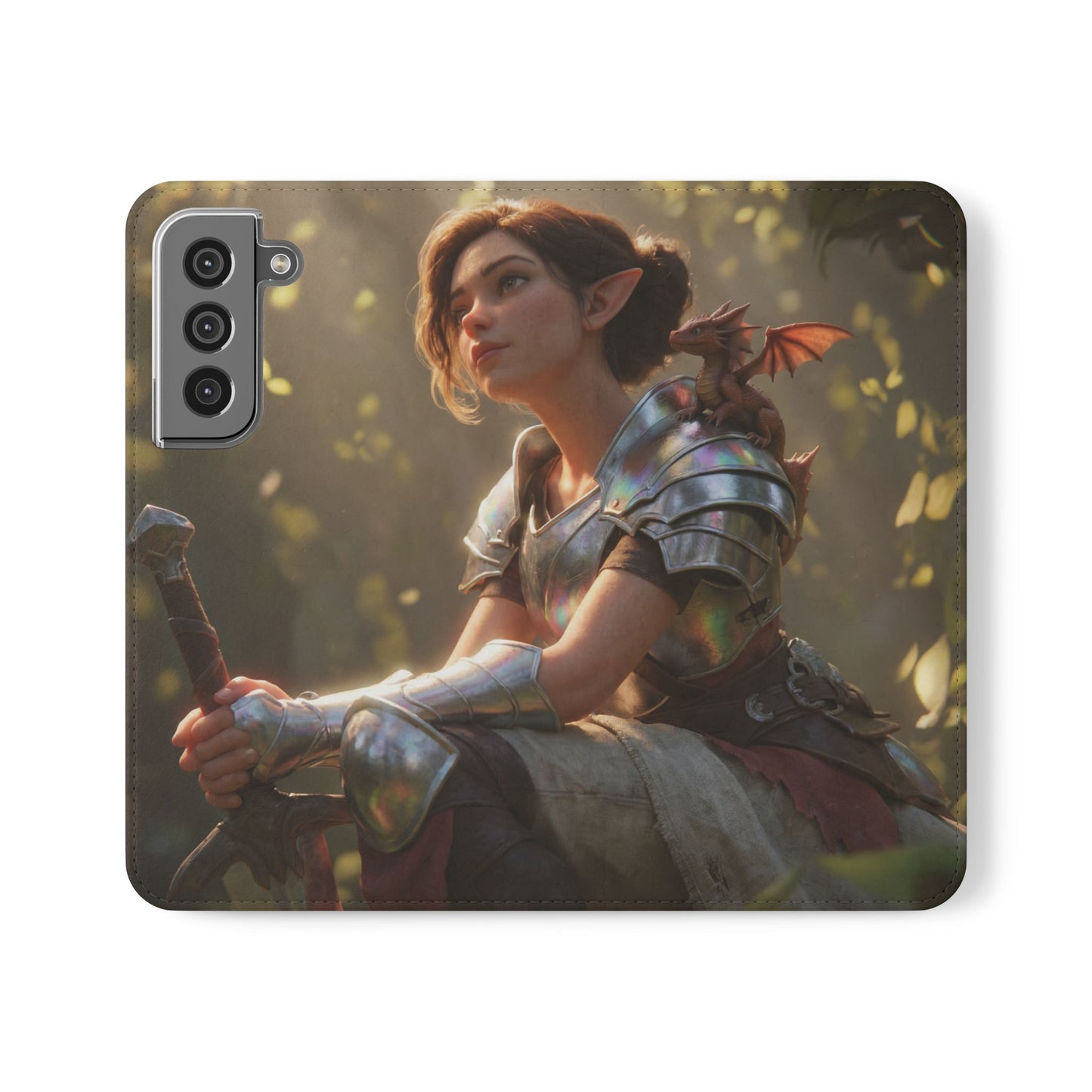 Elven Knight with Dragon Flip Cases – Iridescent Armor & Tiny Guardian Portrait