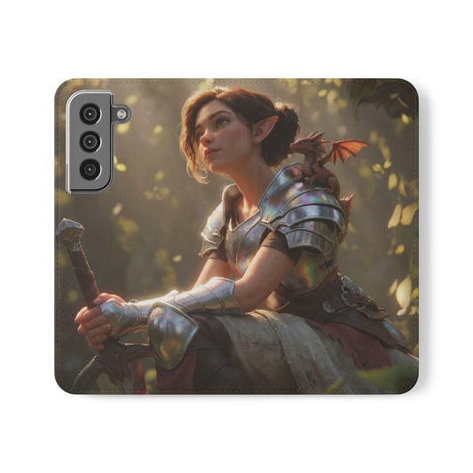 Elven Knight with Dragon Flip Cases – Iridescent Armor & Tiny Guardian Portrait