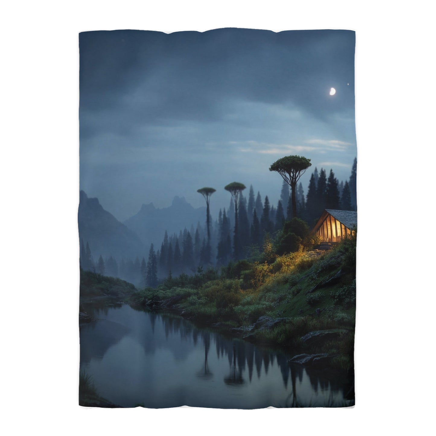 Moonlit Cabin Duvet Cover – Whispering Peaks & Silent Waters