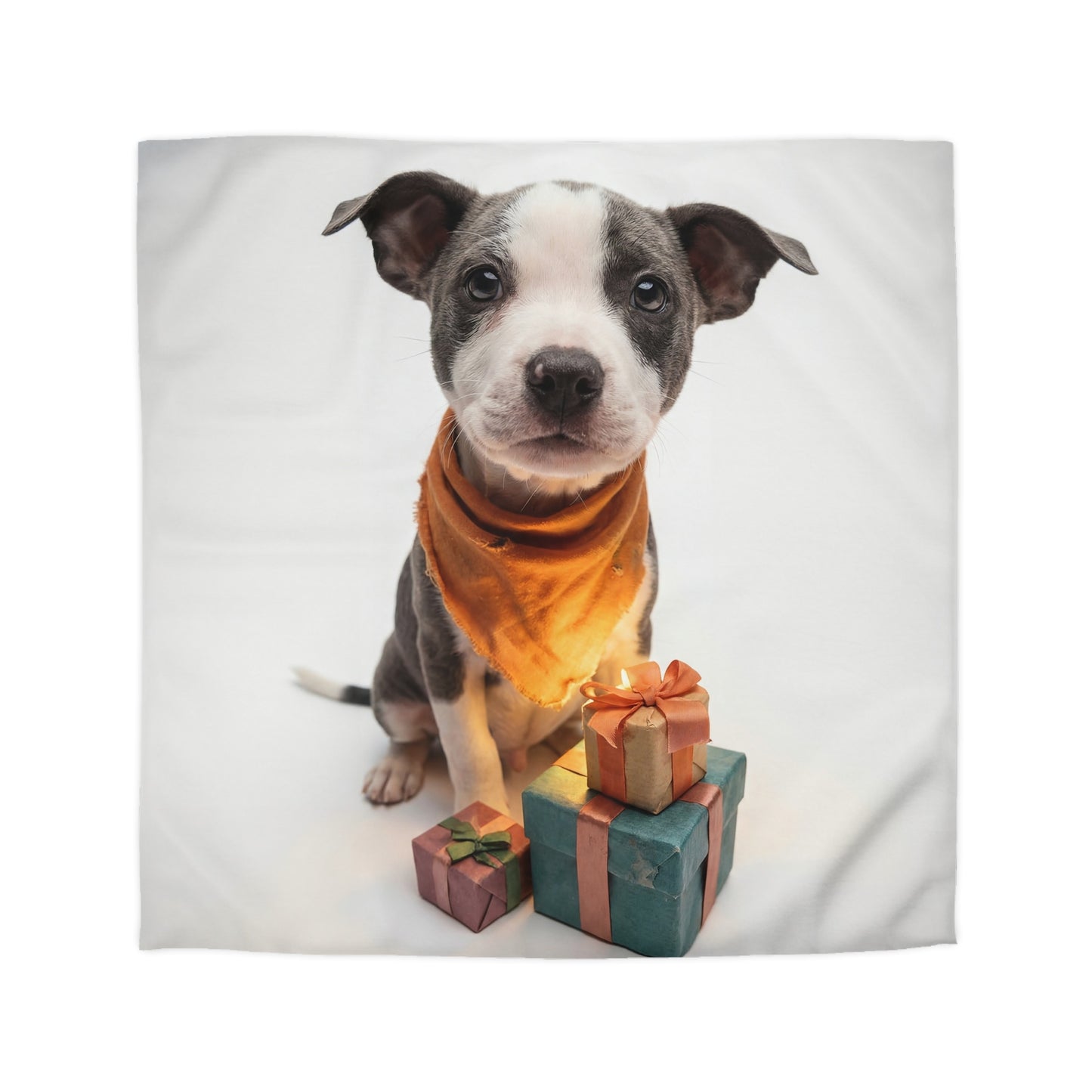 Gift-Wrapped Puppy Microfiber Duvet Cover – Warm Orange Accents on Soft White