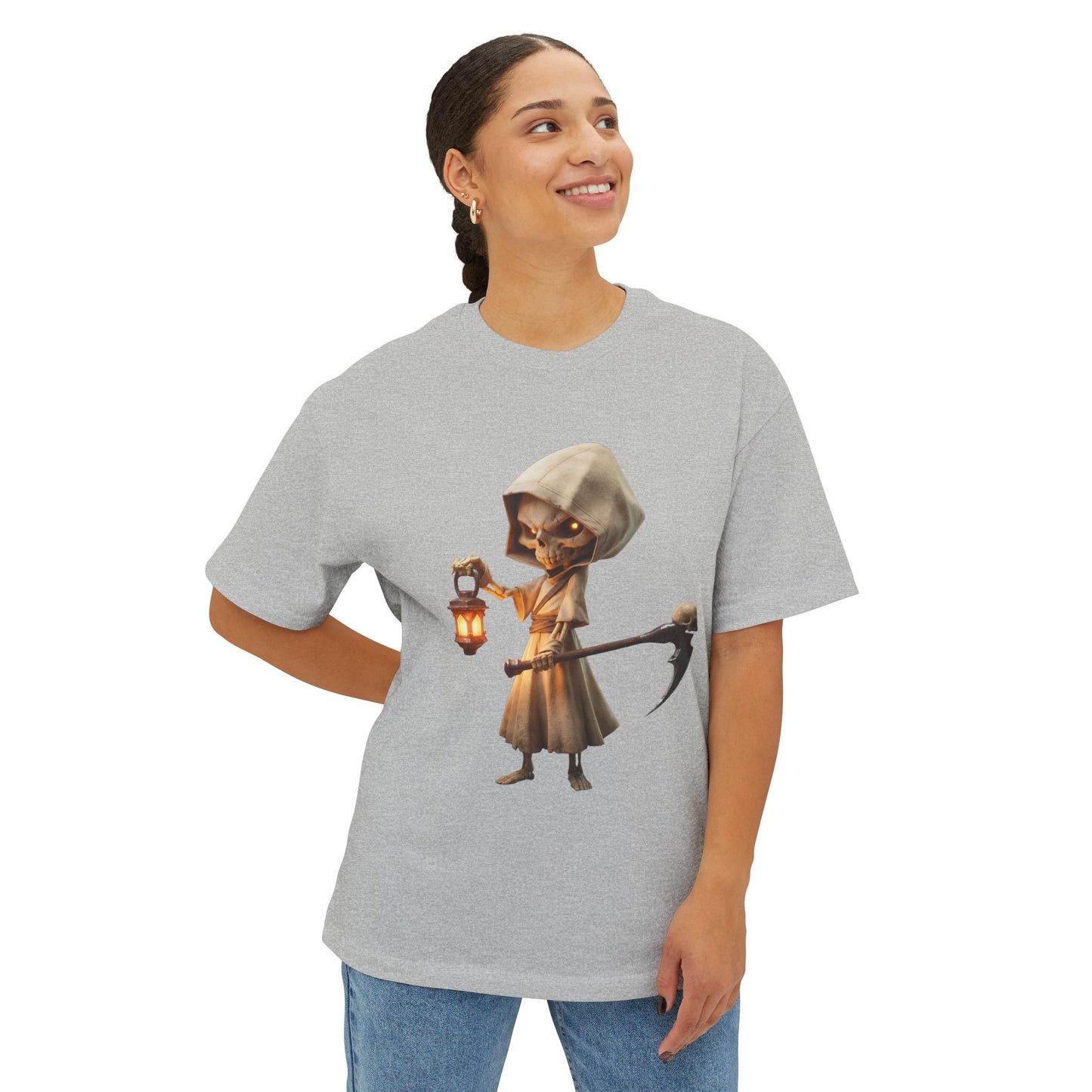 Lantern-Bearing Reaper Oversized Boxy Tee – Hooded Sentinel with Scythe and Warm Glow