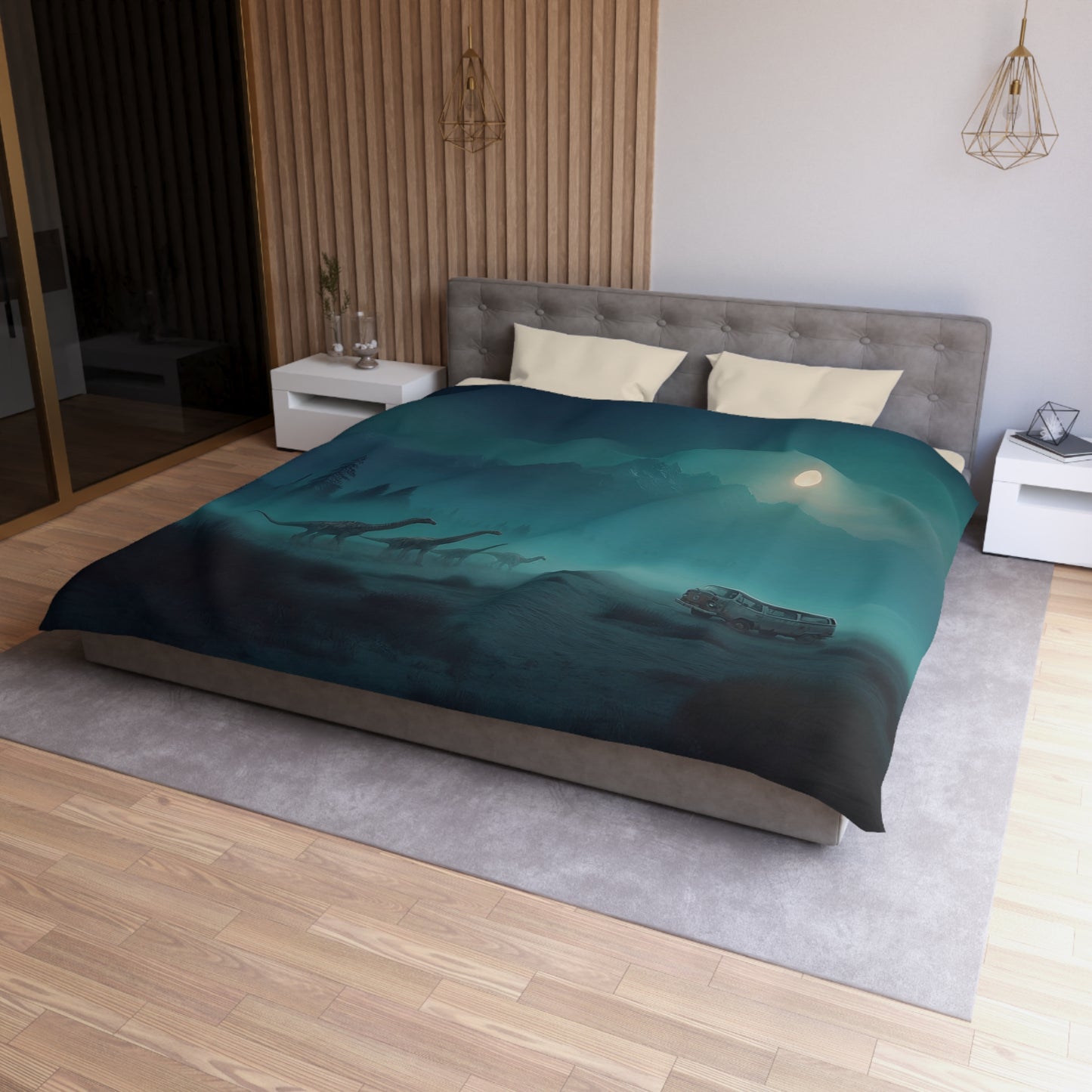 Moonlit Dinosaur Migration Microfiber Duvet Cover – Vintage Van & Misty Peaks