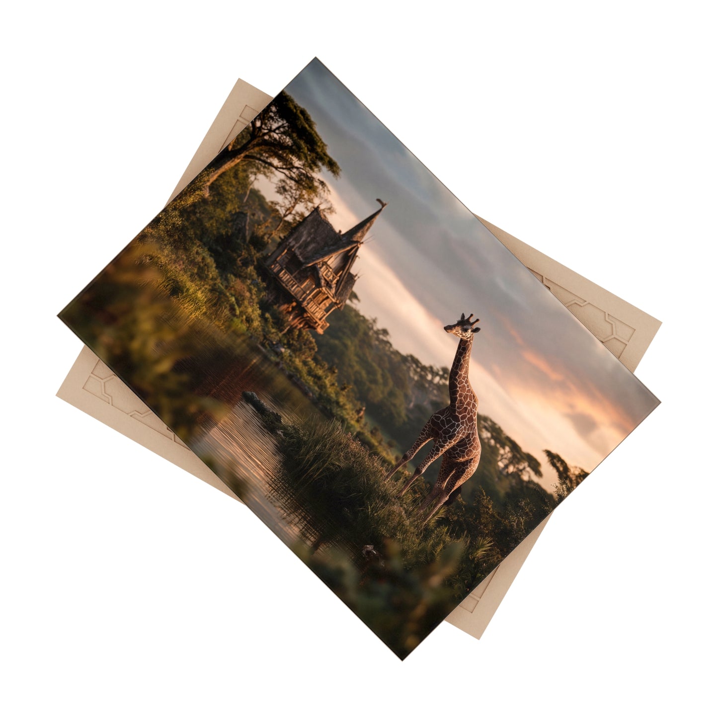 Giraffe by the Waterfall House Ceramic Photo Tile – Sunset Serenity in the Savannah
