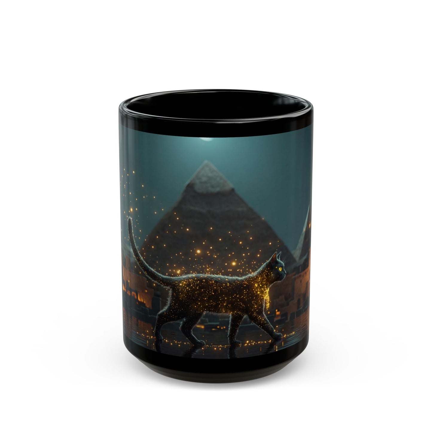 Celestial Cat Black Mug – Moonlit Pyramids Dreamscape
