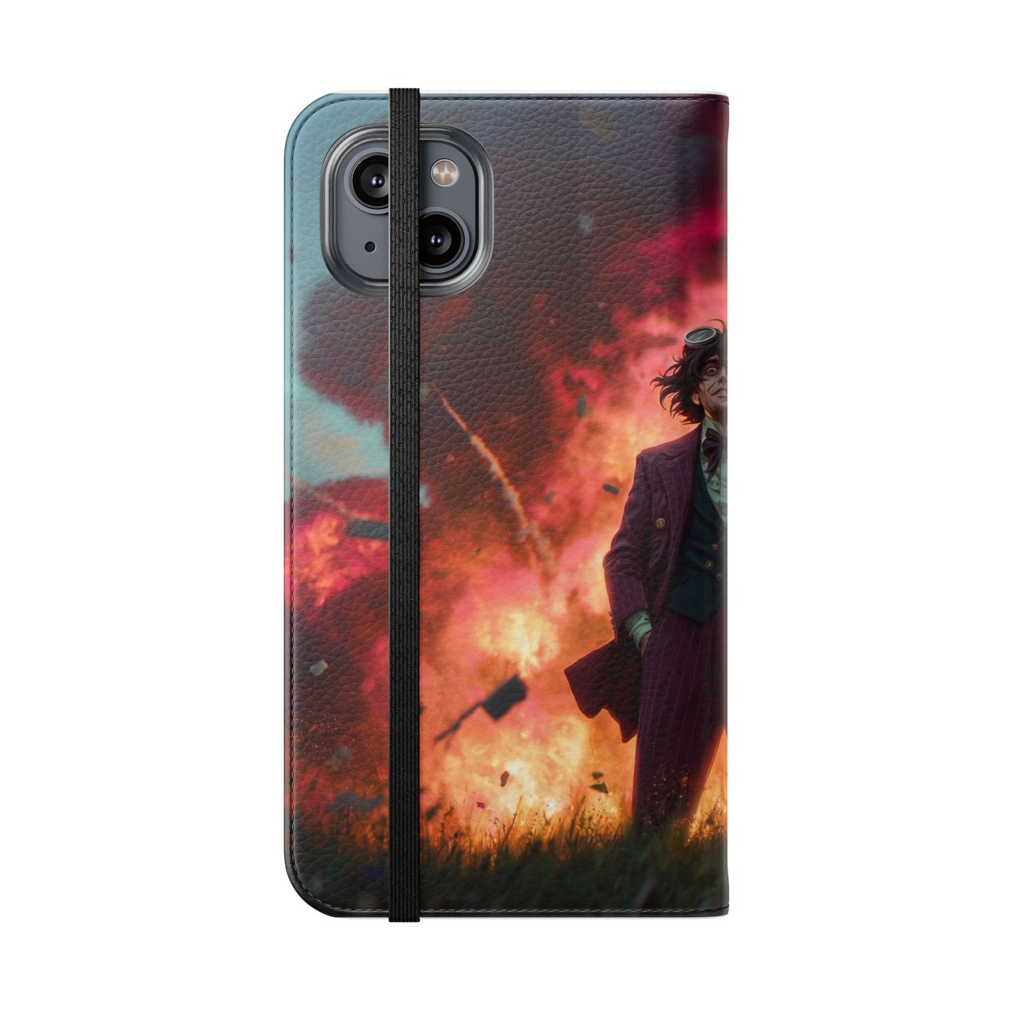 Goggles & Chaos Flip Cases – Purple Suit Amidst Fiery Explosion