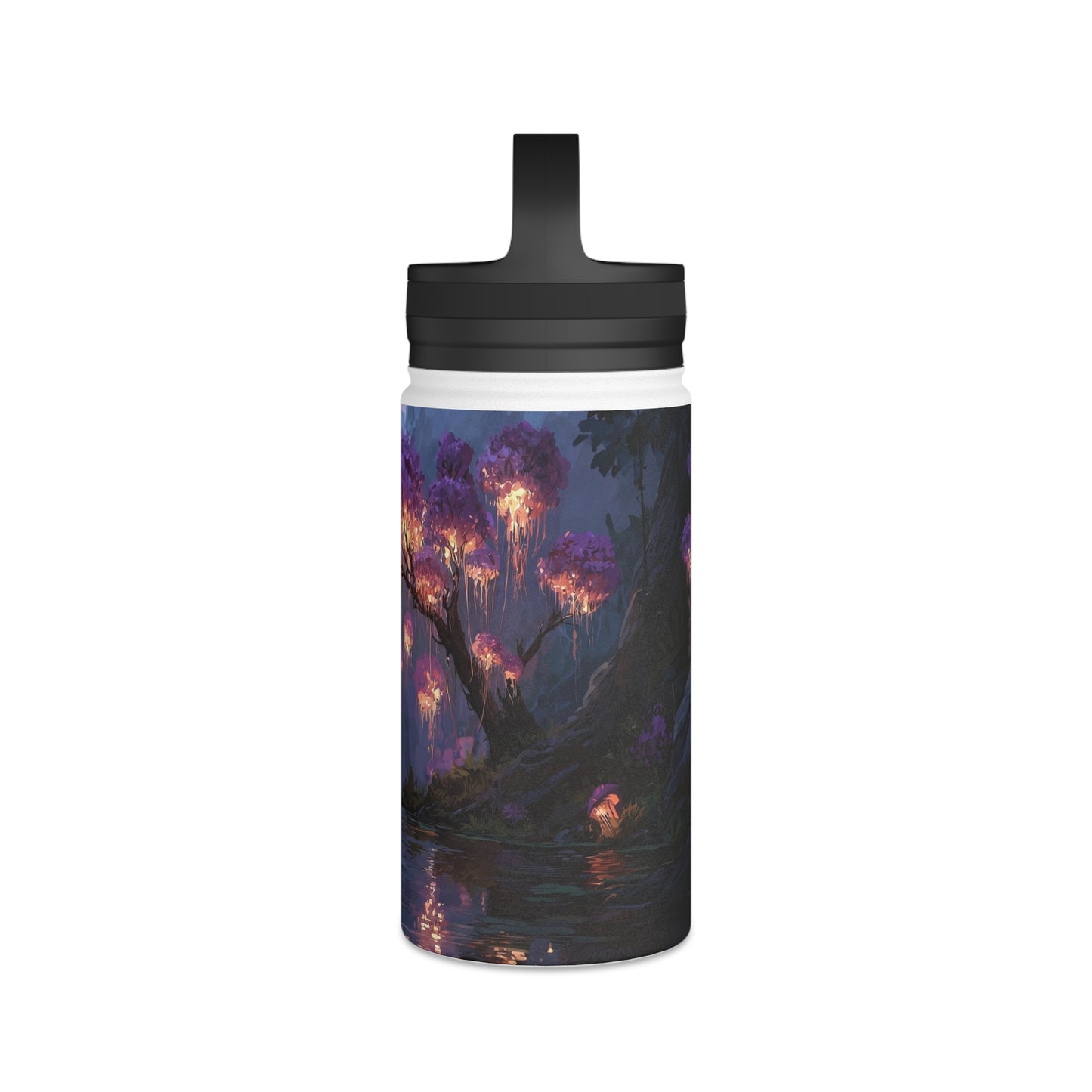 Bioluminescent Grove Stainless Steel Water Bottle, Handle Lid – Twilight’s Whispering Waterscape