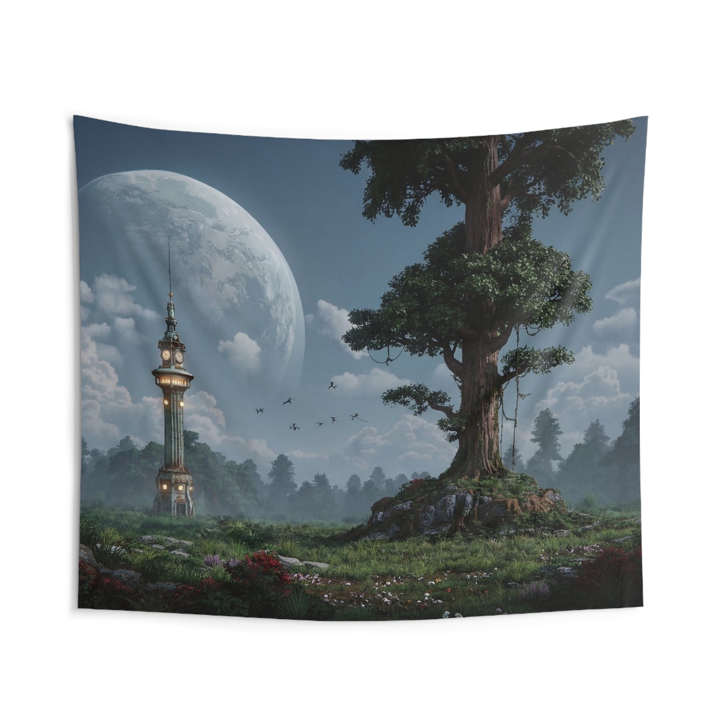 Moonlit Clocktower and Ancient Tree Tapestry – Whispers of Time in a Dream Forest