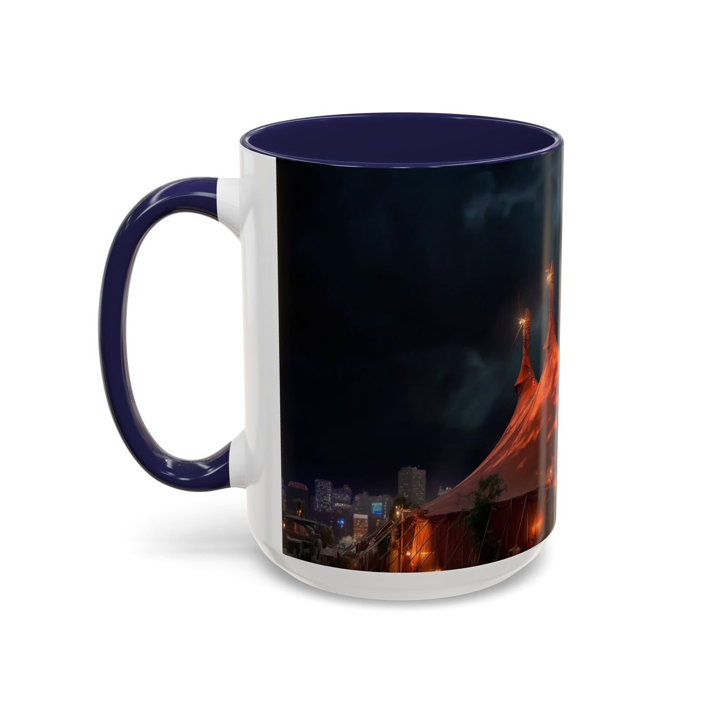Crimson Circus Tent Accent Coffee Mug (11, 15oz) – Neon Nightscape Under Thunderclouds
