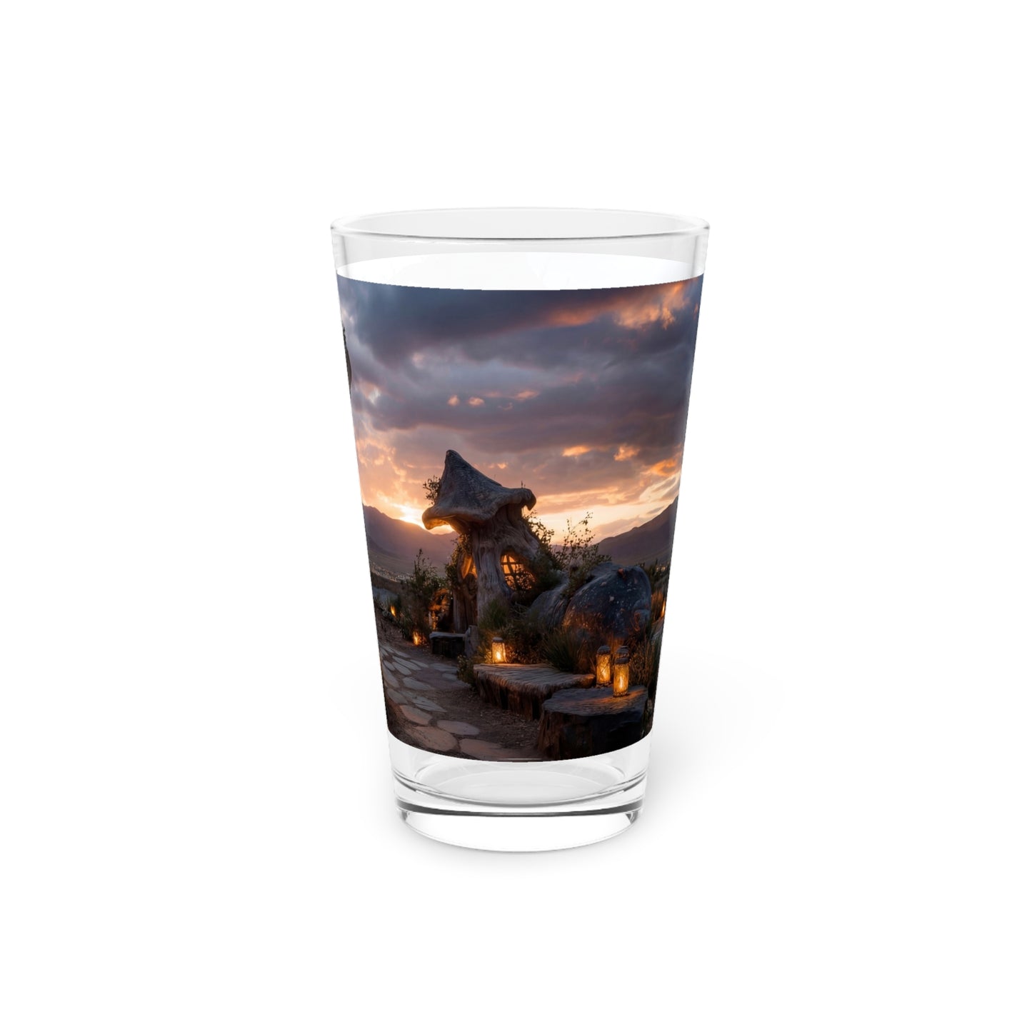 Mushroom Cottage Sunset Pint Glass – Warm Glow Over Whispering Peaks