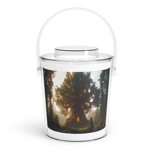Ancient Treehouse Door Ice Bucket with Tongs – Sunlit Forest Sanctuary