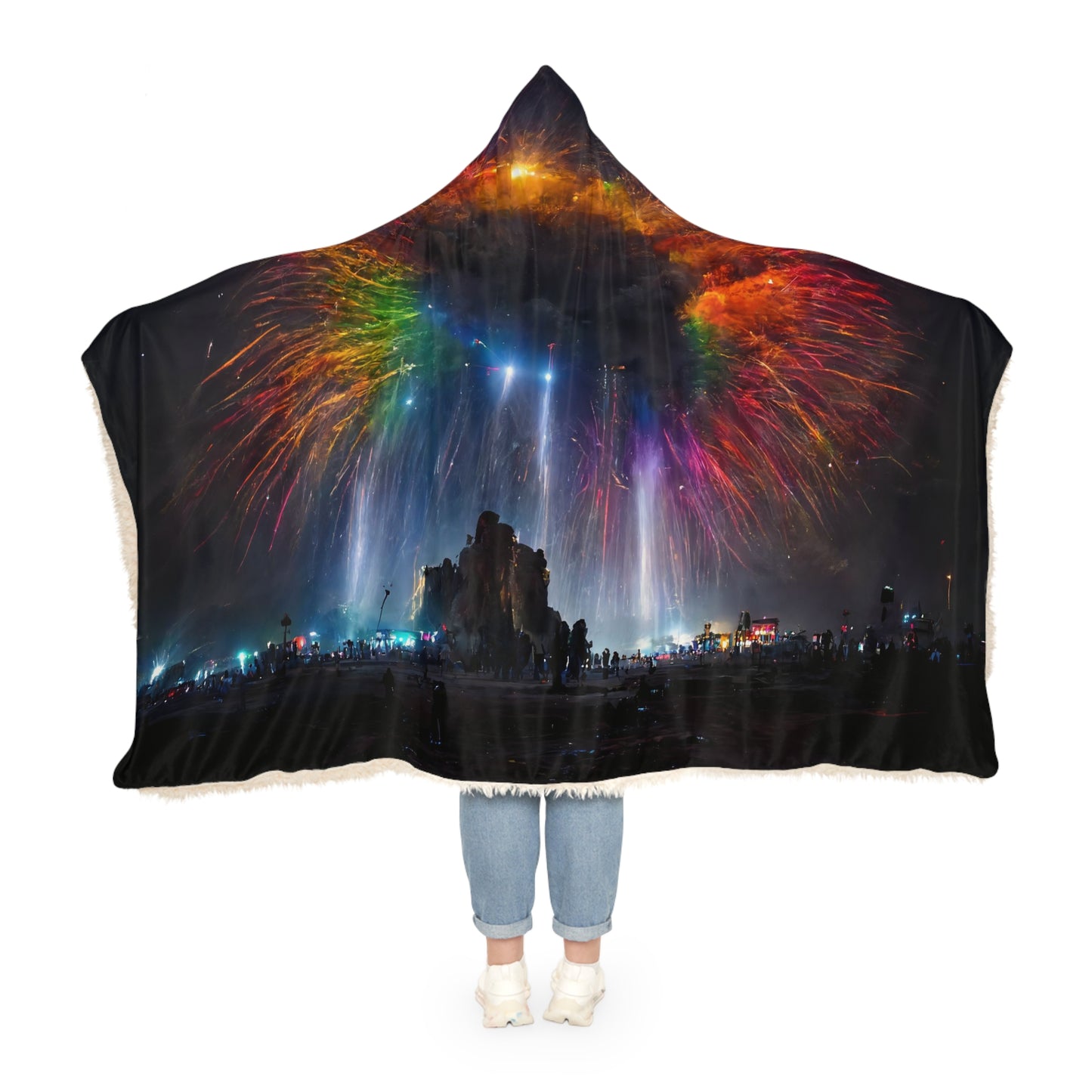 giant rainbow fireworks exploding in the sky, black rock city in the background, lasers and lights illuminating dust, last star in an early morning sky, crowds of people dancing below, award-winning photo, photographic realism - Snuggle Blanket