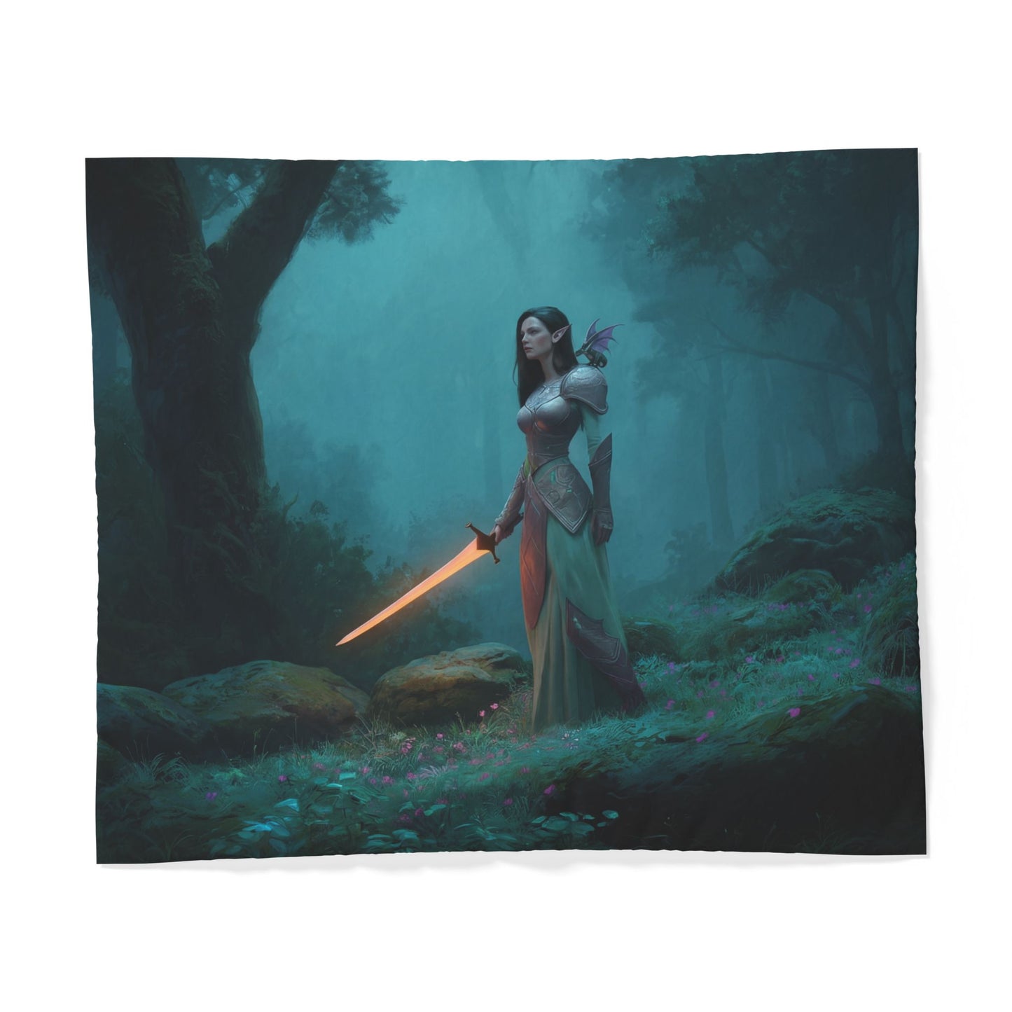 Guardian Elf Sword Cotton Duvet Cover – Misty Forest Sentinel